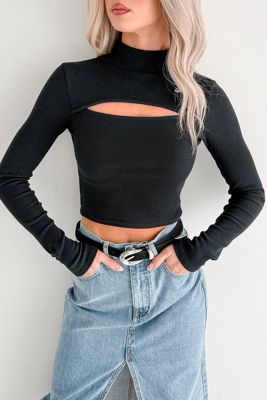 Leigh Long Sleeve Peekaboo Mock Neck Top (Black)