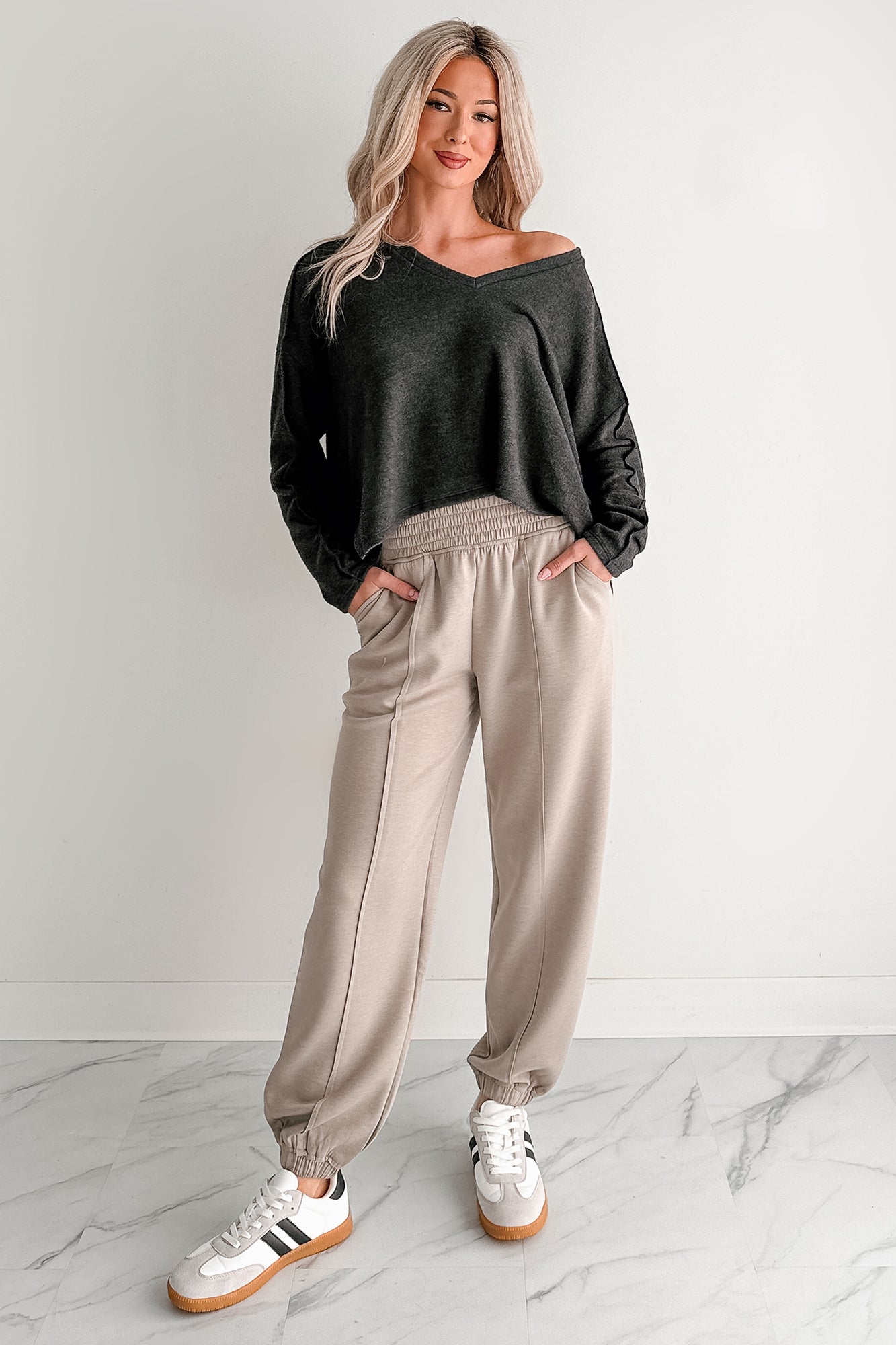 I Won't Mind Charcoal Fleece V-Neck Long Sleeve Top (Charcoal)