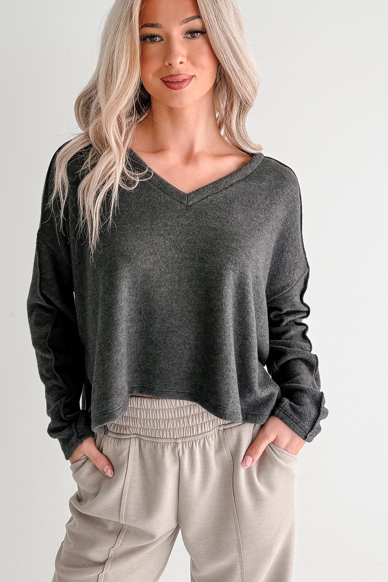 I Won't Mind Charcoal Fleece V-Neck Long Sleeve Top (Charcoal)