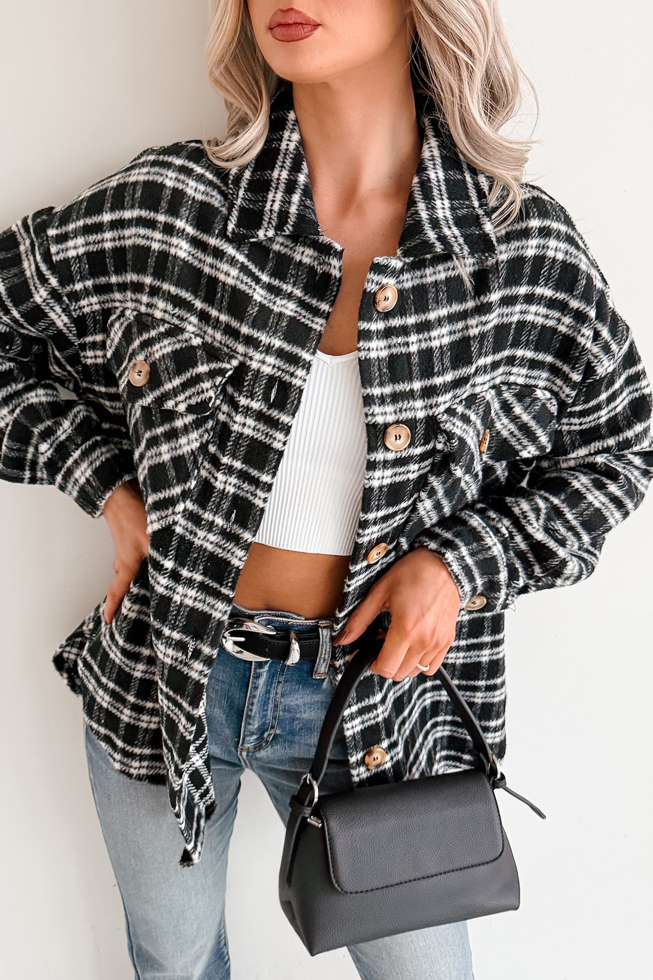 Laid Back Life Plaid Long Sleeve Shacket (Black)