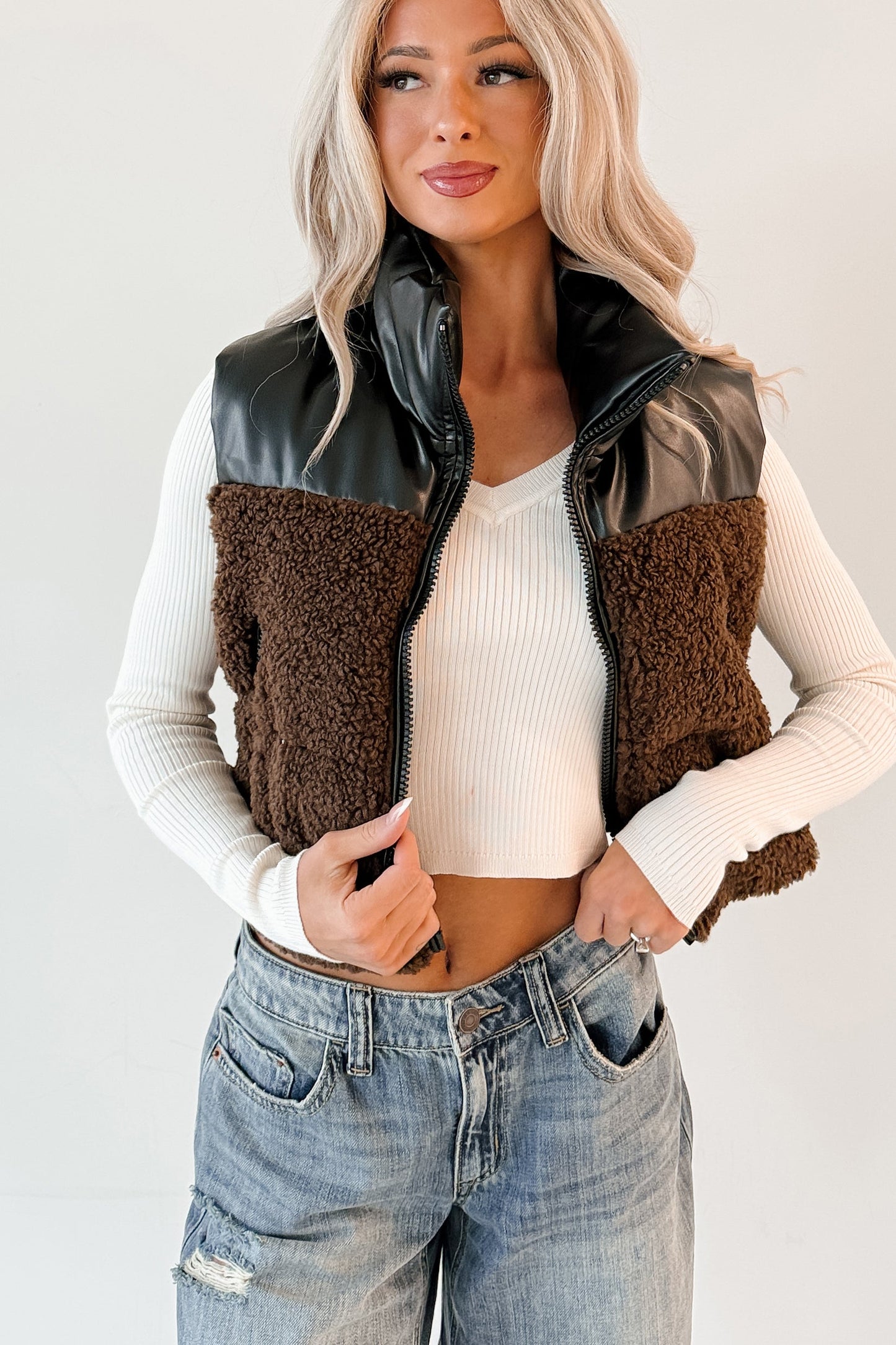 Candle Lit Nights Sherpa Puffer Vest (Brown)