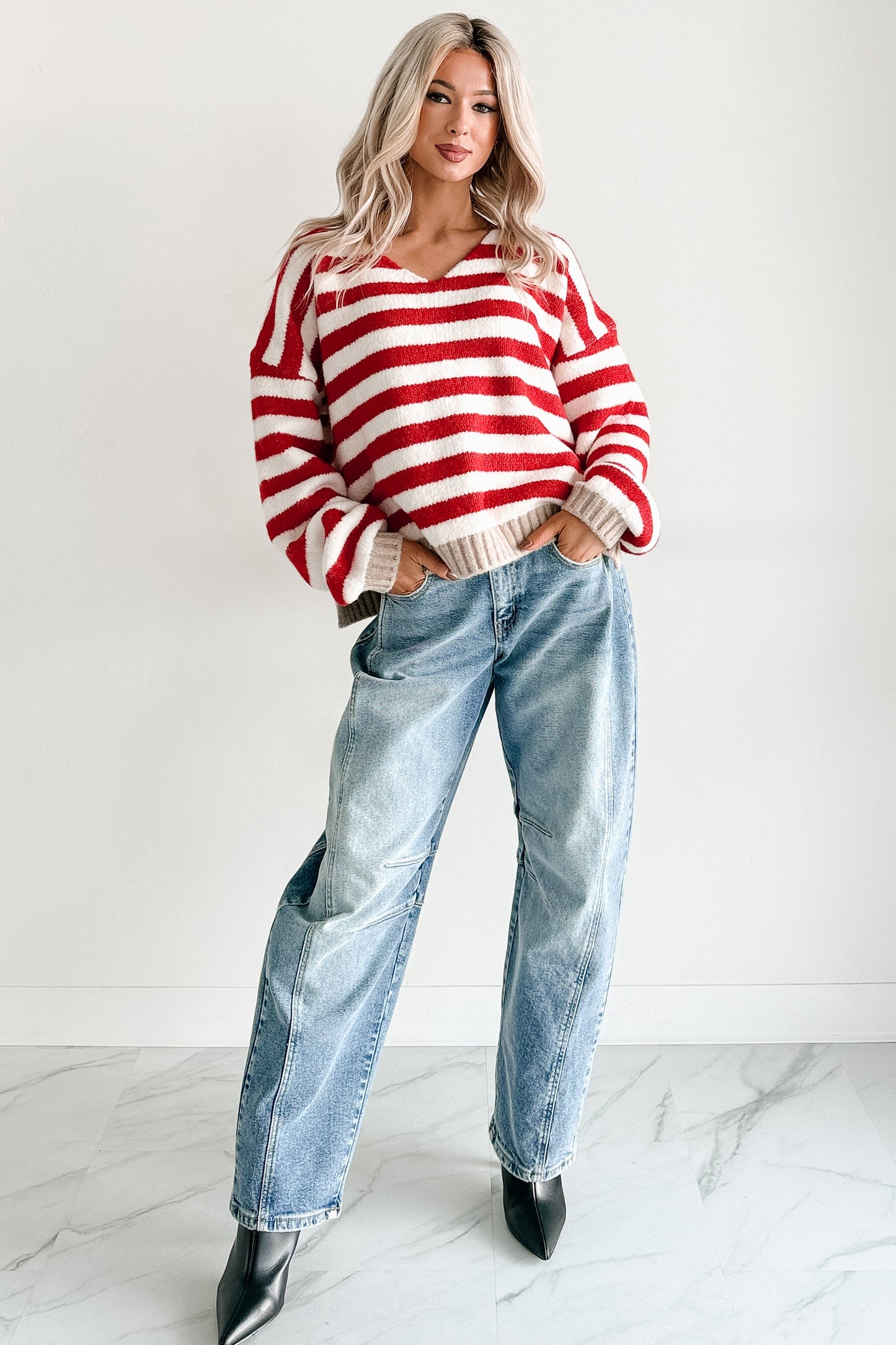 Inspire Me V Neck Striped Knit Sweater (Red/Ivory)