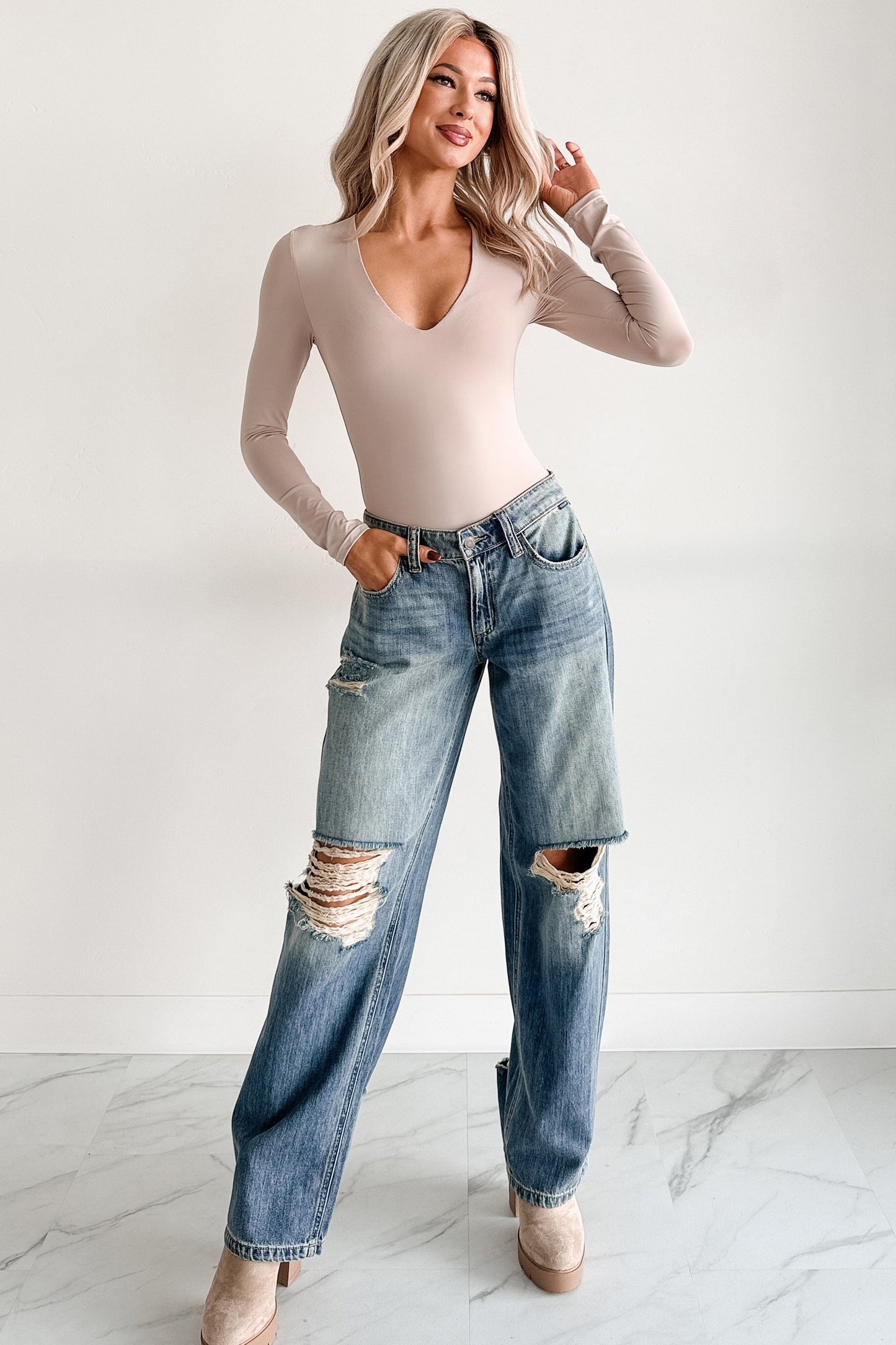 Daily Ease Long Sleeve V Neck Bodysuit (Light Taupe)