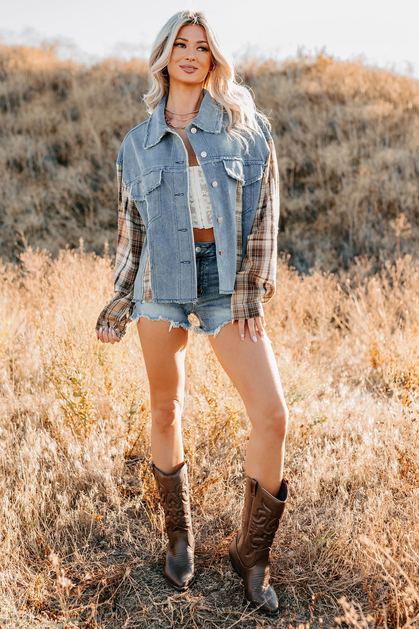 Daily Mode Plaid Denim Mix Jacket (Taupe Blend)