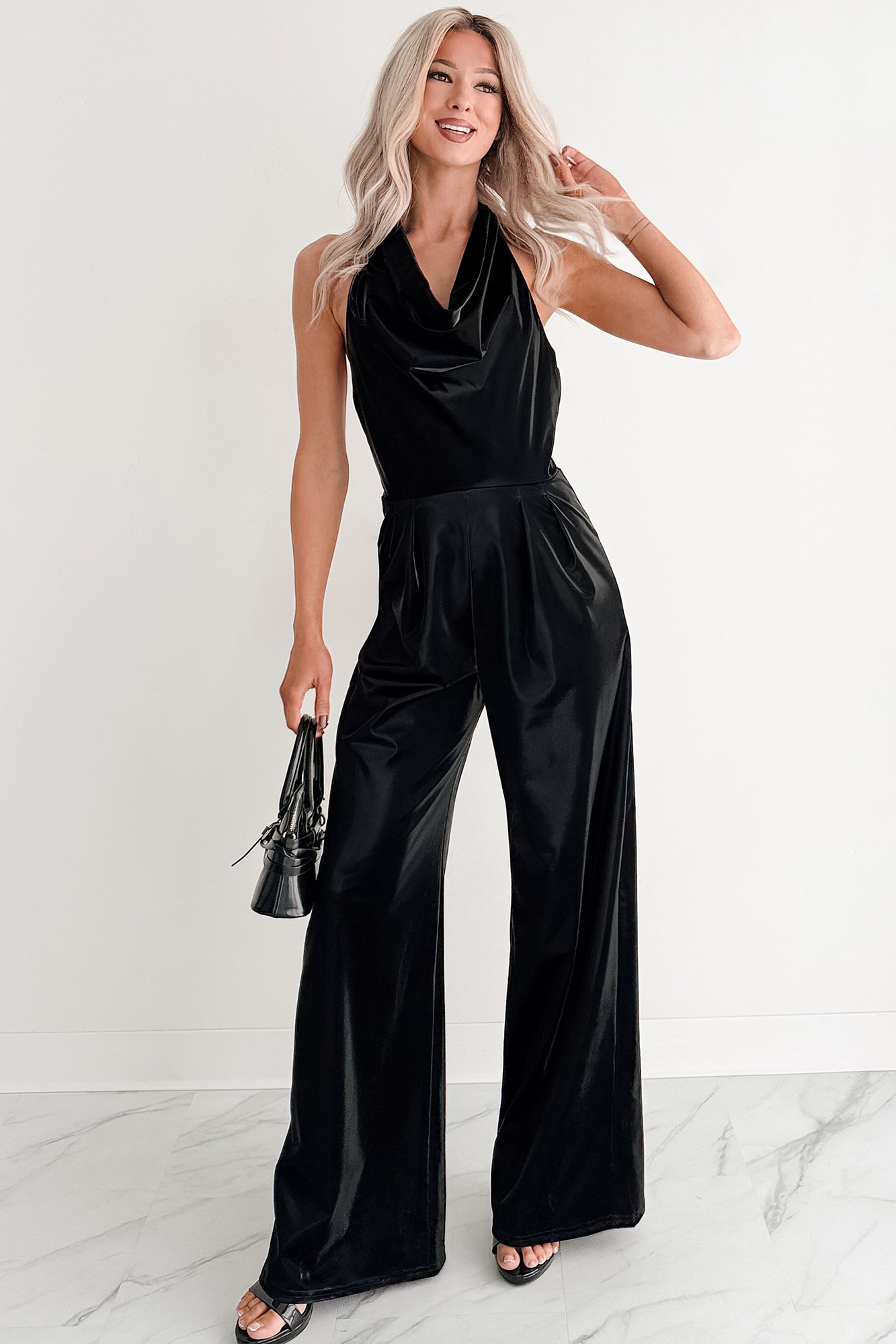 Meant To Win Faux Leather Halter Jumpsuit (Black)