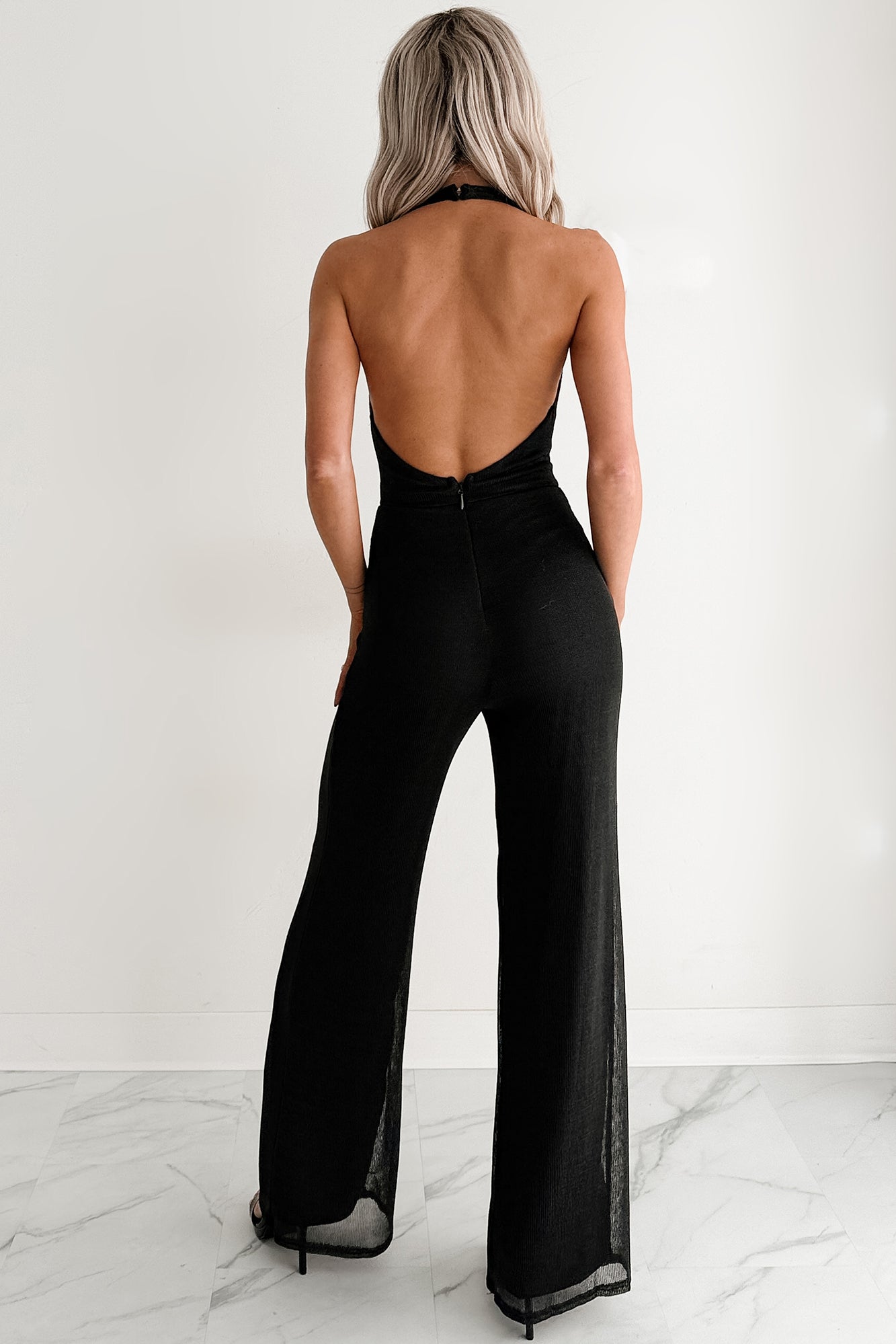 Dark & Dazzling Metallic Halter Jumpsuit (Black)