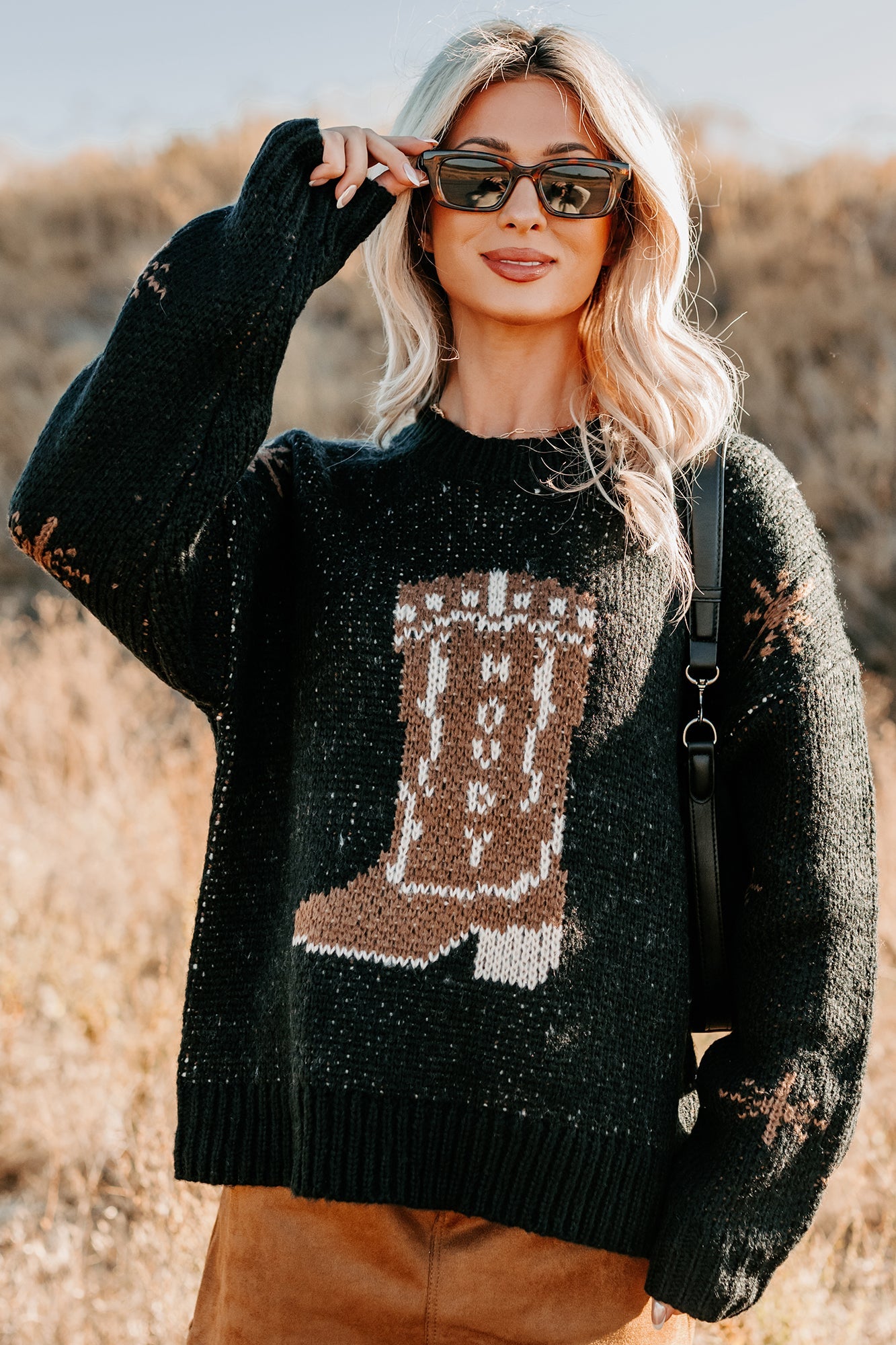 Raised On Rodeo Cowboy Boot Knit Sweater (Black)