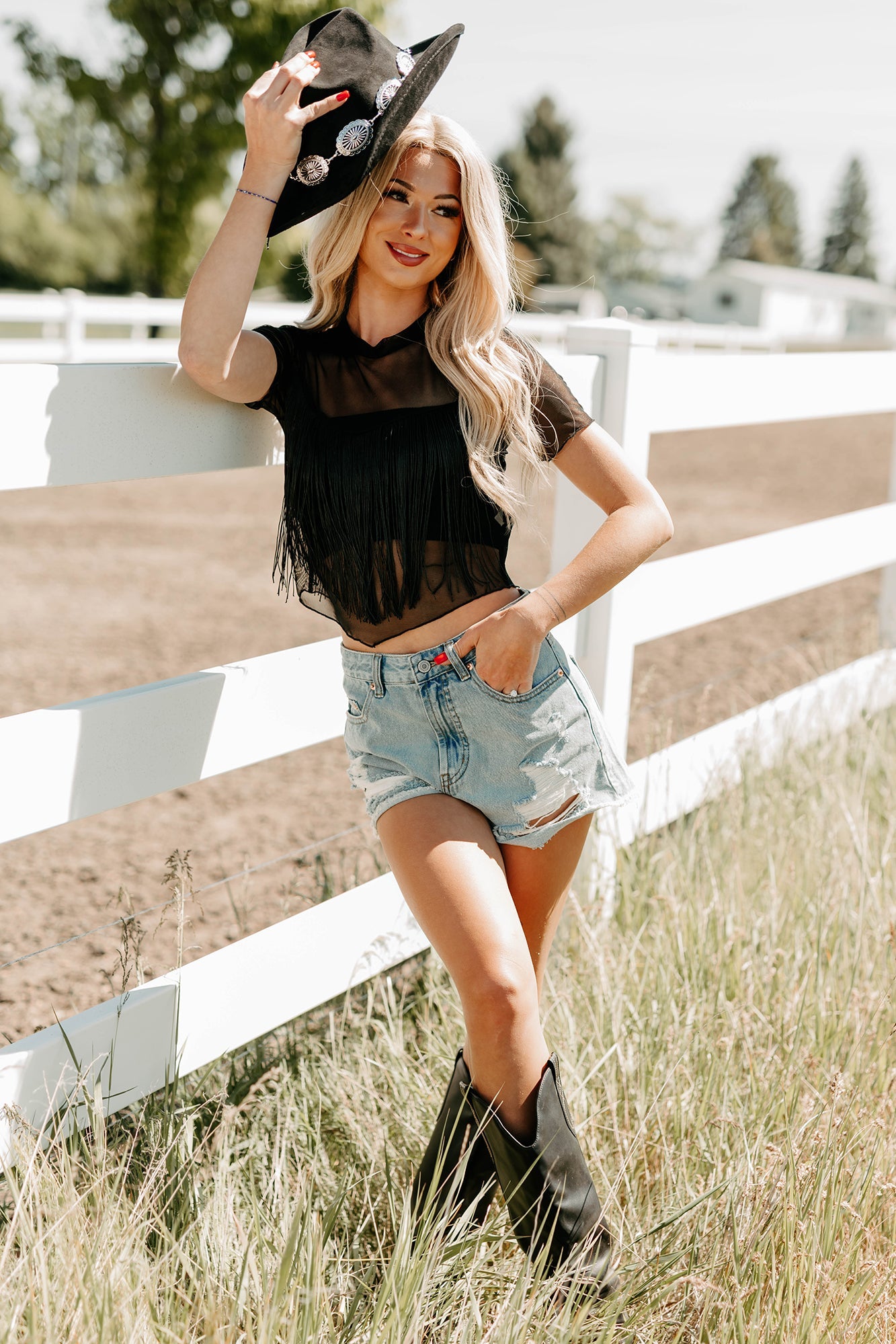 Made To Miss Fringe Mesh Short Sleeve Top (Black)
