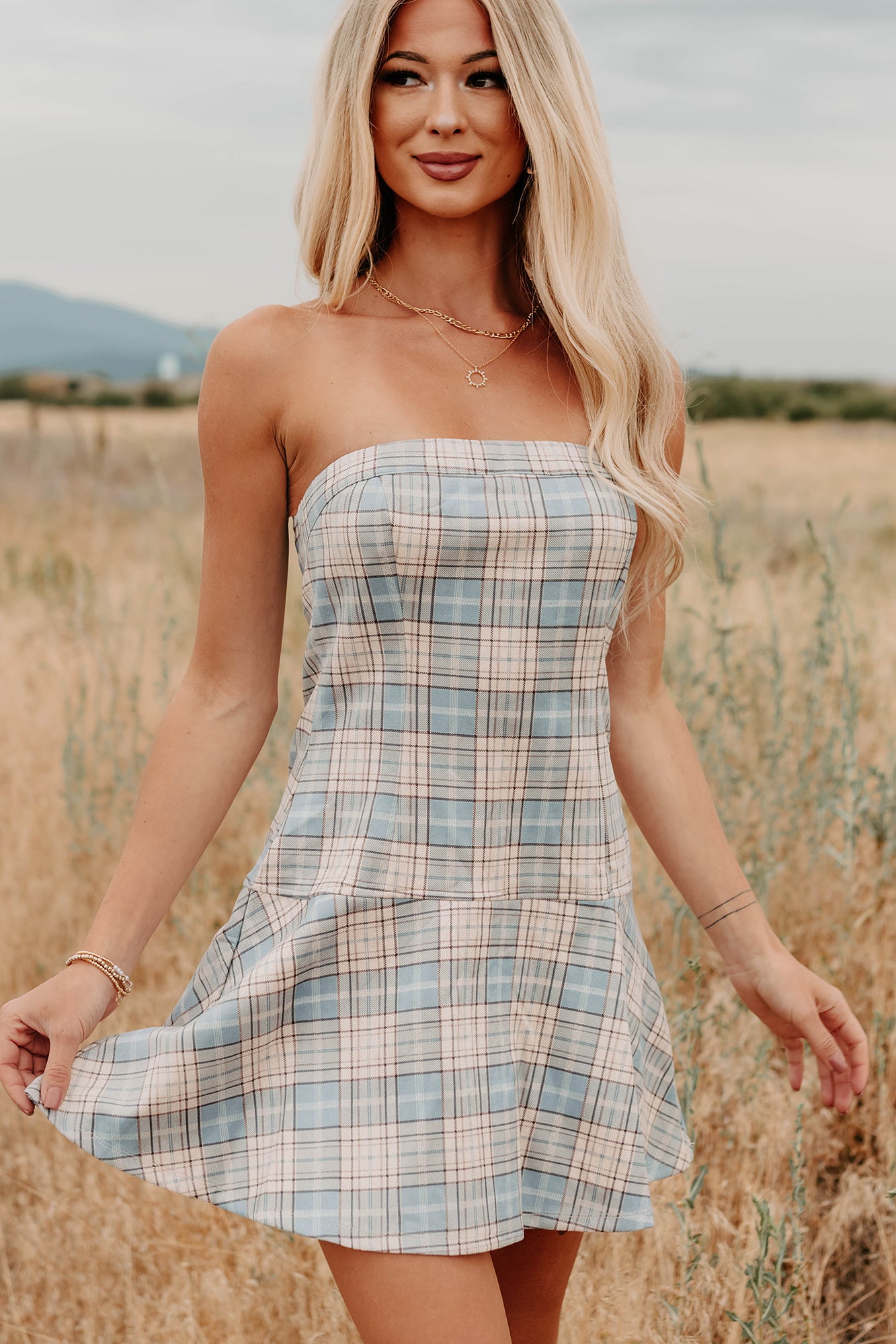Hold Me Here Strapless Plaid Mini Dress (Light Blue)