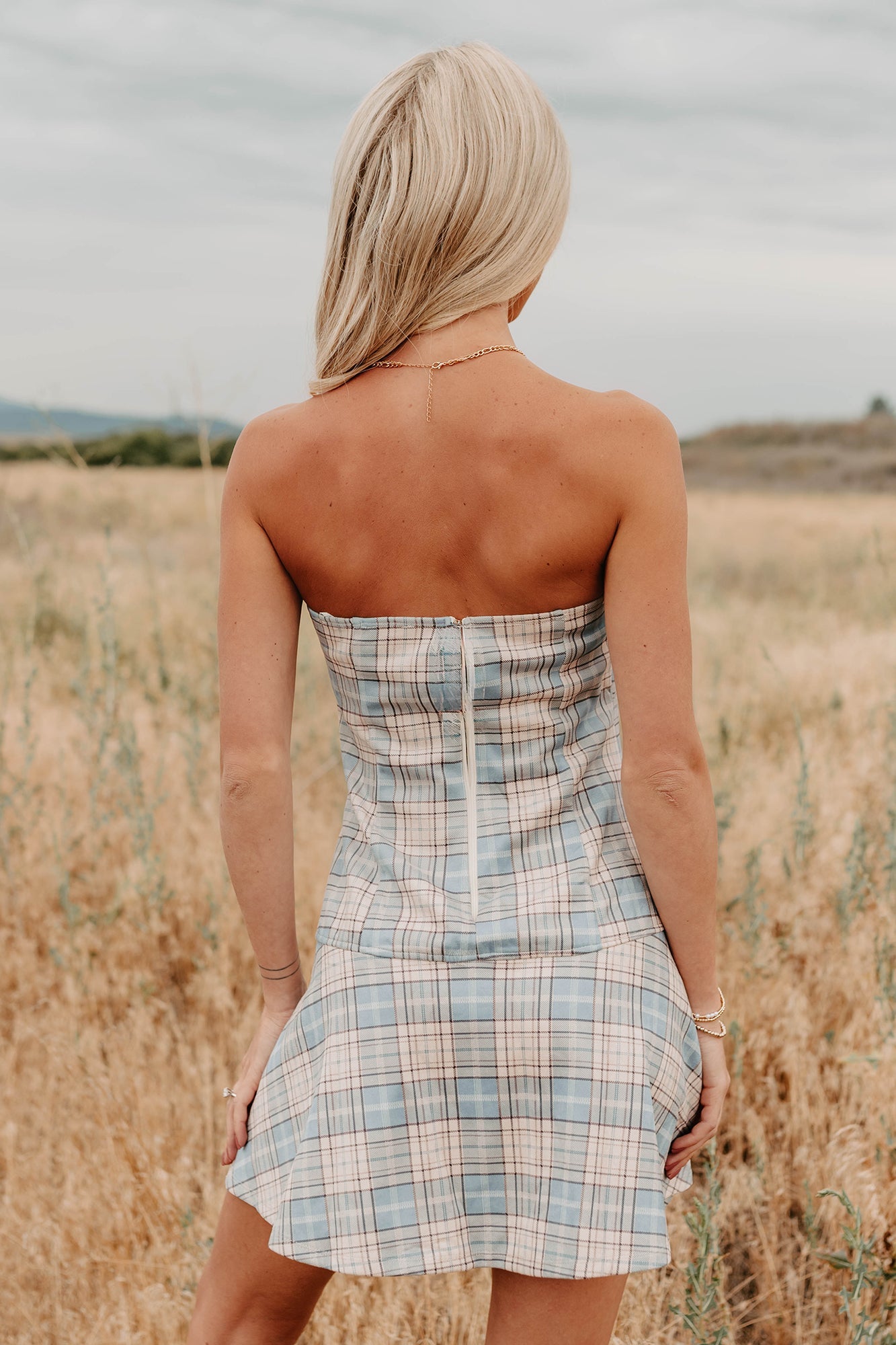 Hold Me Here Strapless Plaid Mini Dress (Light Blue)