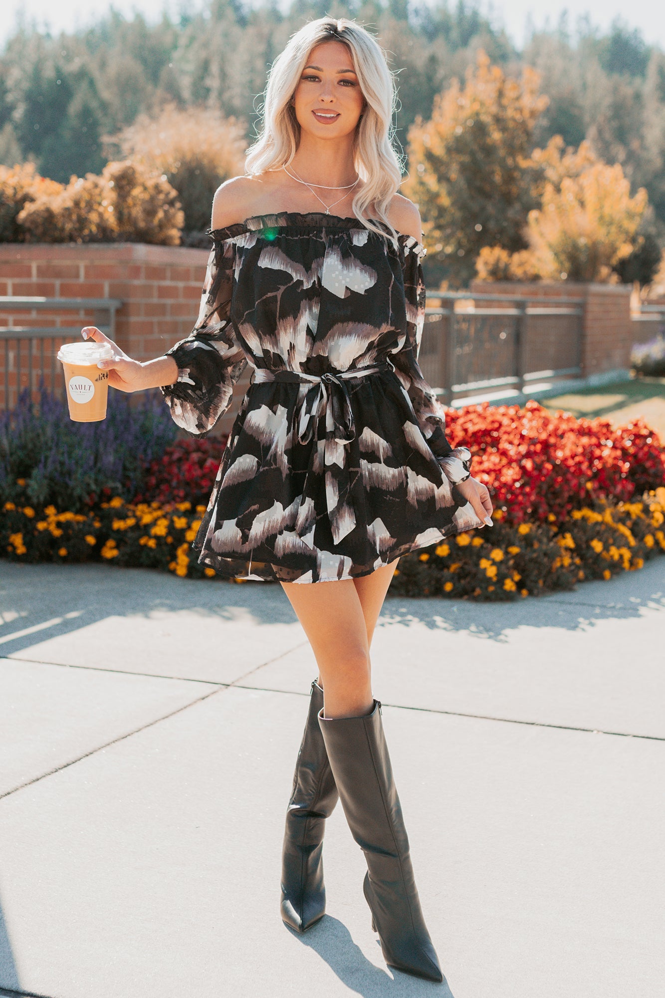 Chic Reign Off The Shoulder Mini Dress (Black Combo)