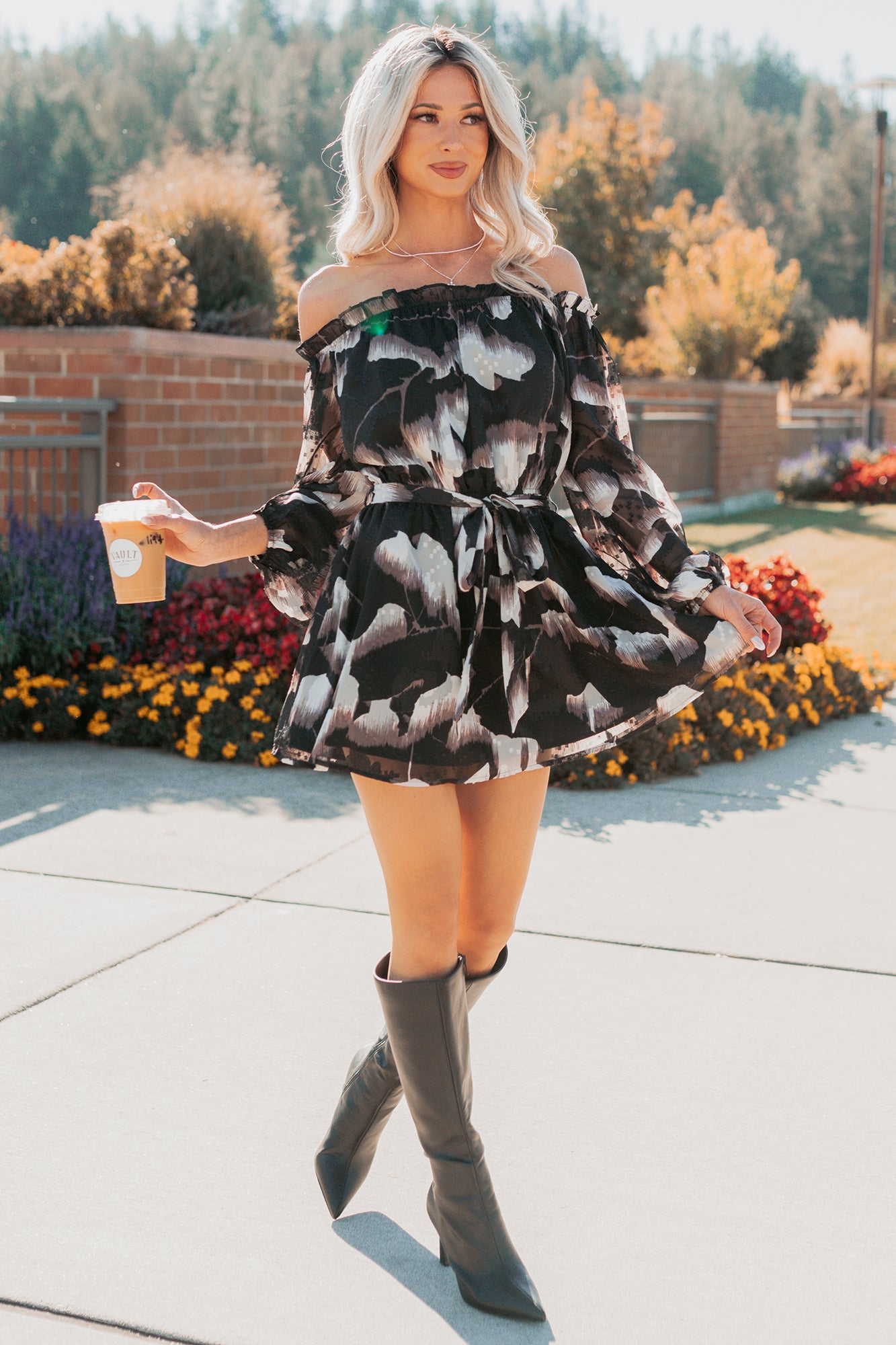 Chic Reign Off The Shoulder Mini Dress (Black Combo)