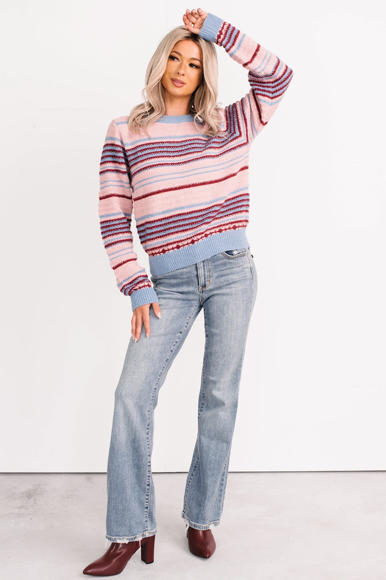Pure Sunshine Striped Knit Sweater (Pink/Blue/Wine)