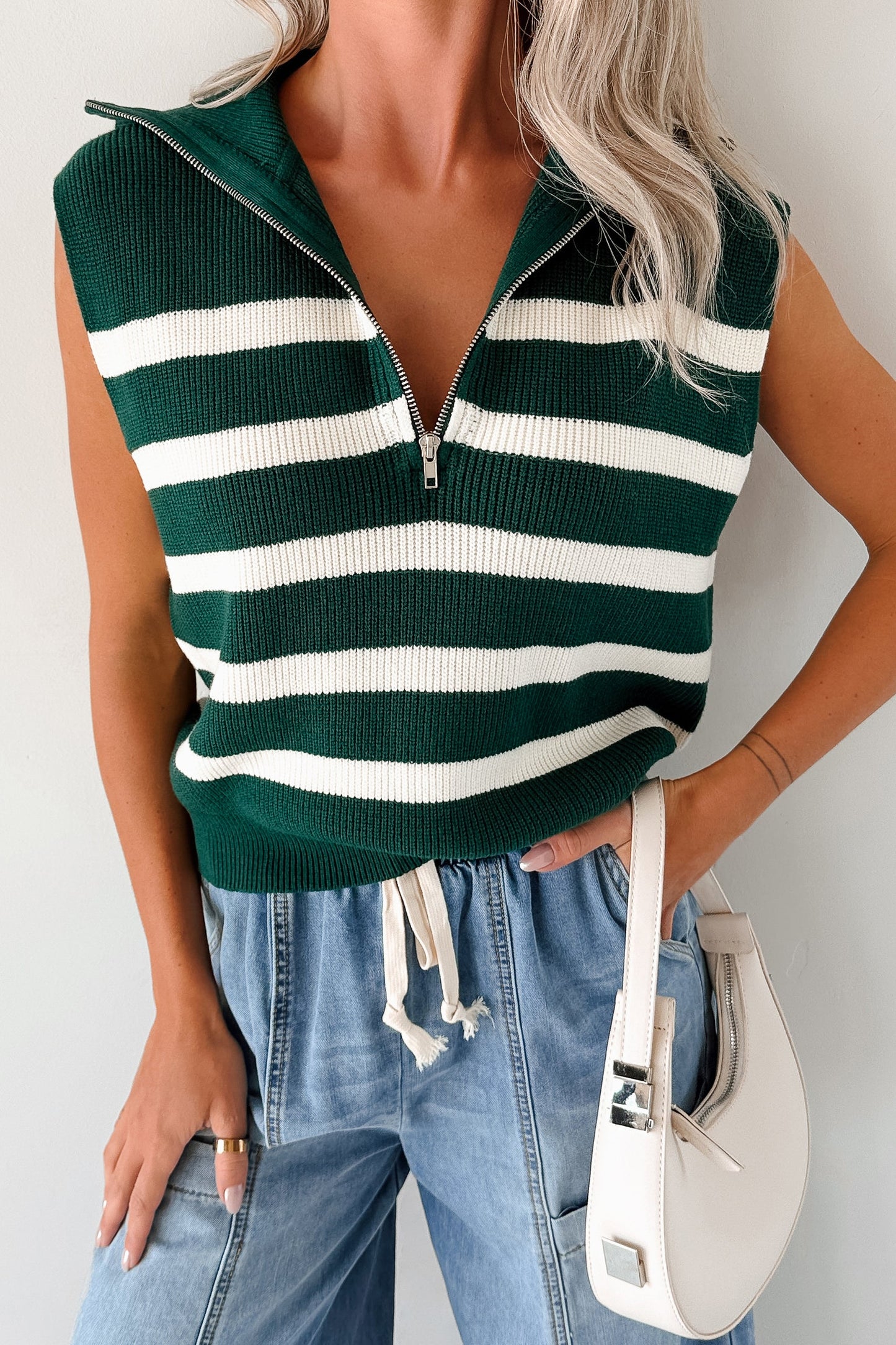 Daily Joys Striped Half-Zip Sweater Vest (Green/Cream)