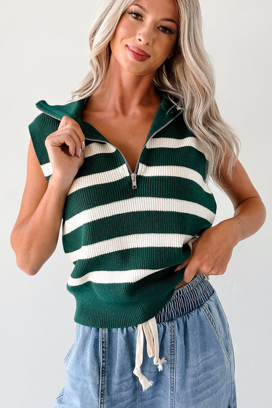 Daily Joys Striped Half-Zip Sweater Vest (Green/Cream)