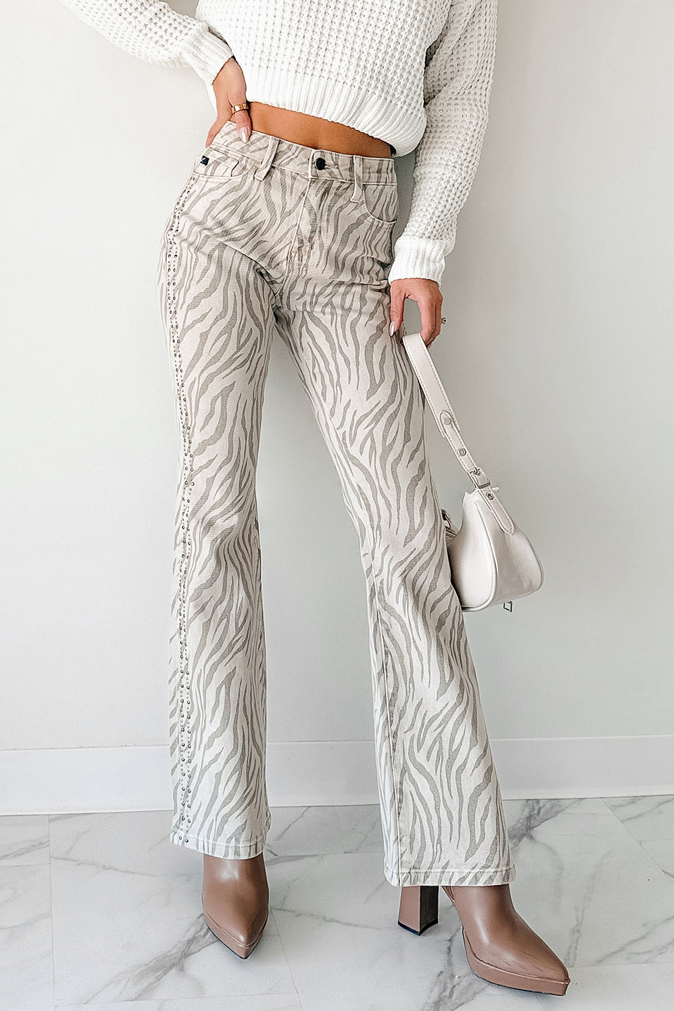 Philip Zebra Studded Flare Kancan Jeans (Beige)