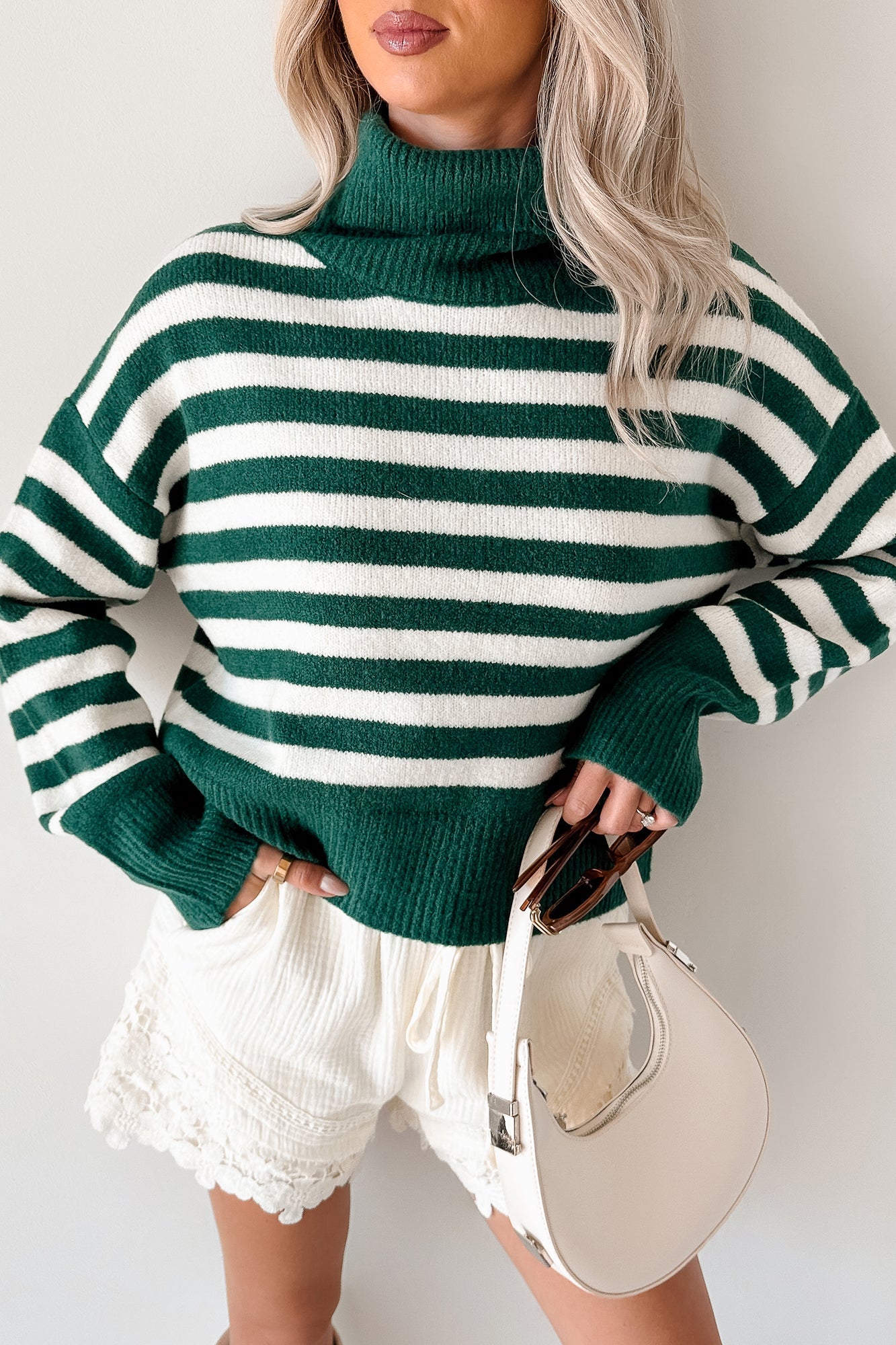 Don't You Worry Striped Turtleneck Sweater (Green/Ivory)
