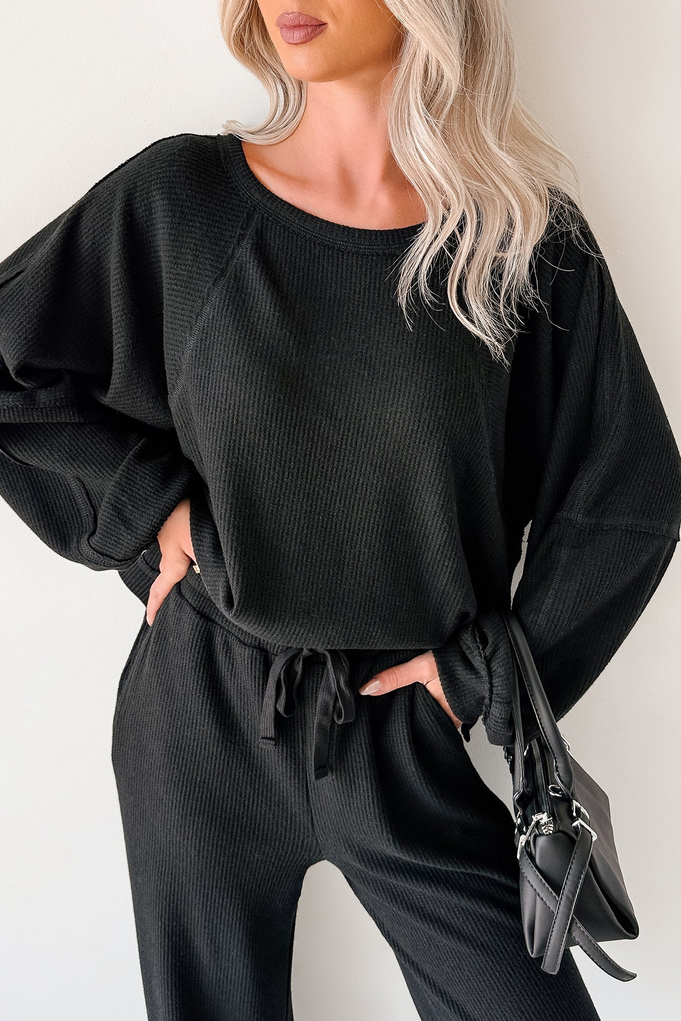 Still Breathing Waffle Knit Long Sleeve Top (Black)