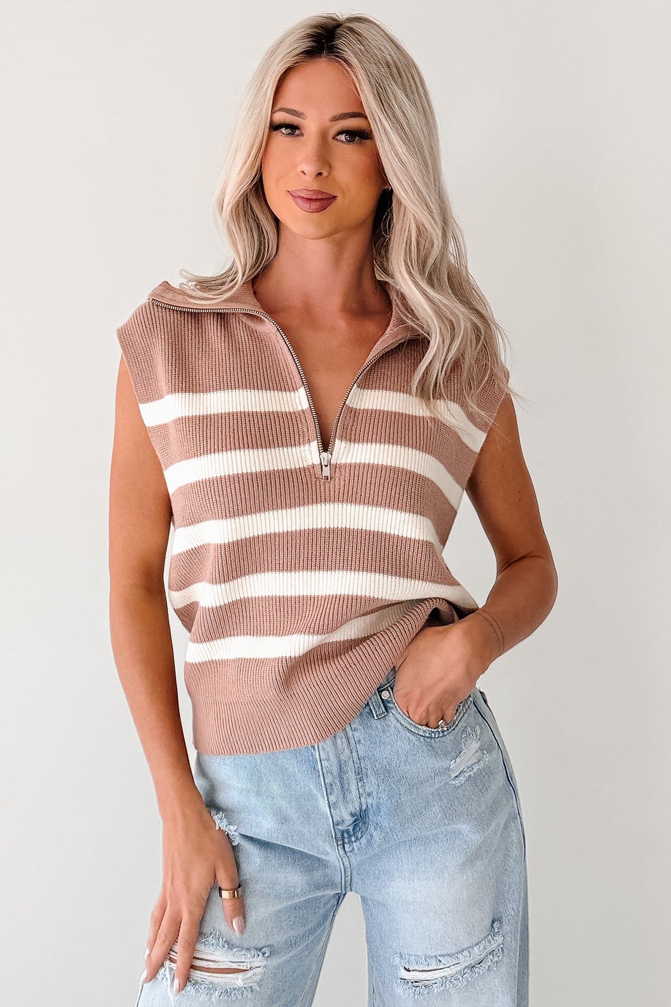 Daily Joys Striped Half-Zip Sweater Vest (Taupe/Cream)