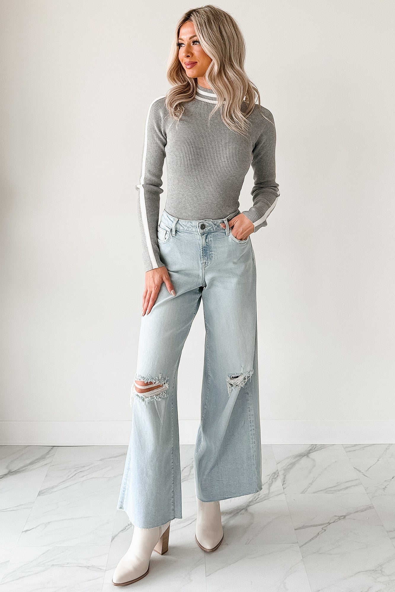 It Just Clicks Striped Mock Neck Bodysuit (H.Grey/White)