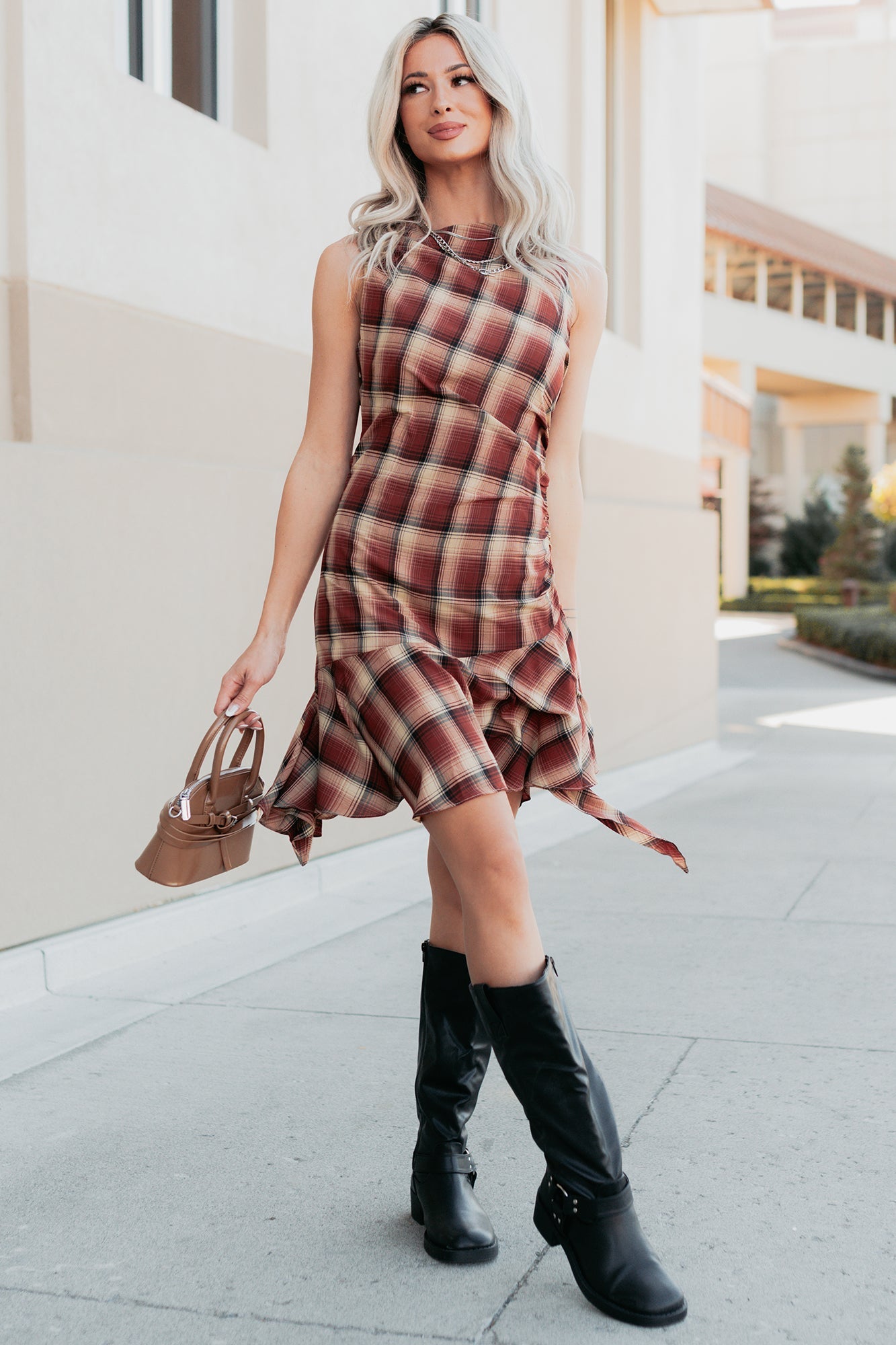 Purely Hers Sleeveless Plaid Mini Dress (Rust Plaid)