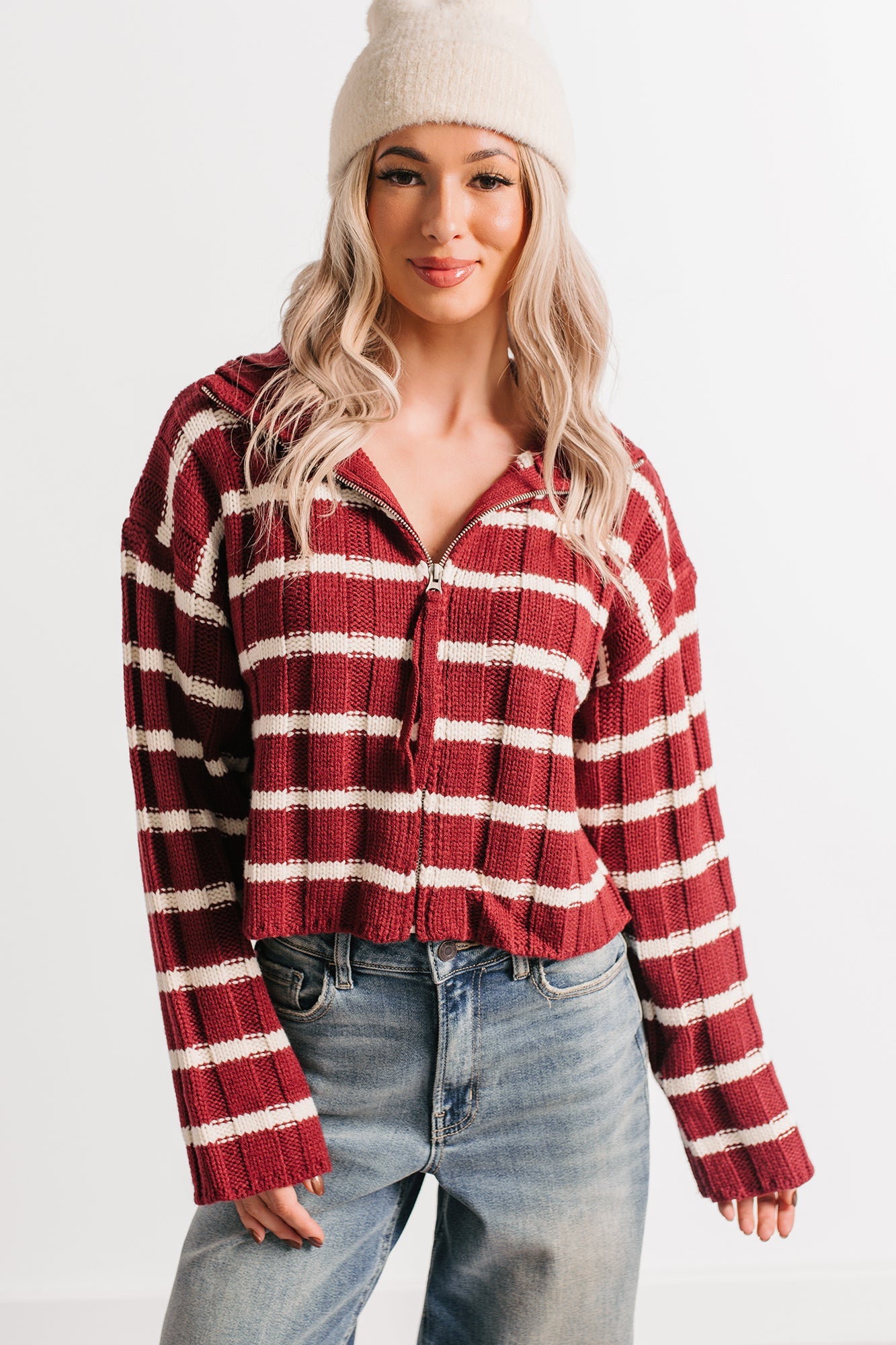 Calm Assurance Striped Zip-Up Sweater Jacket (Wine)