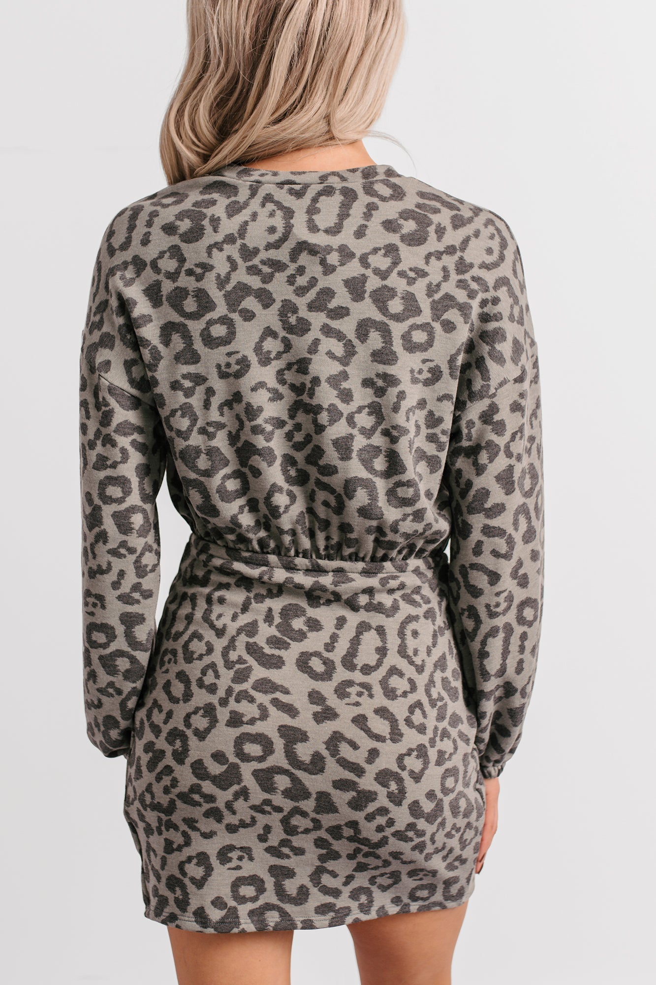 Little Miss Bossy Asymmetric Mini Dress (Grey Leopard)