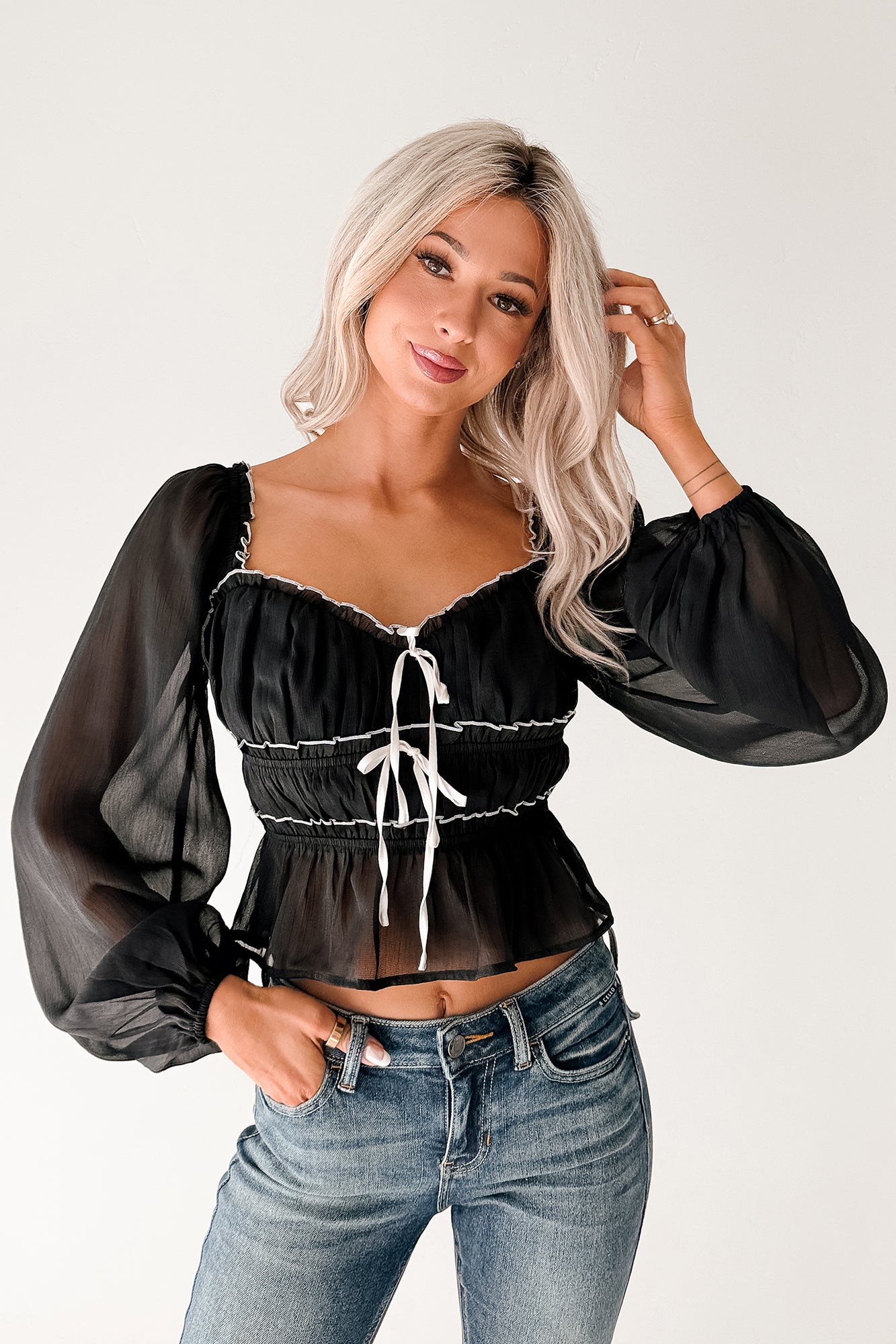 Cute With It Sweetheart Neck Bow Detail Top (Black)