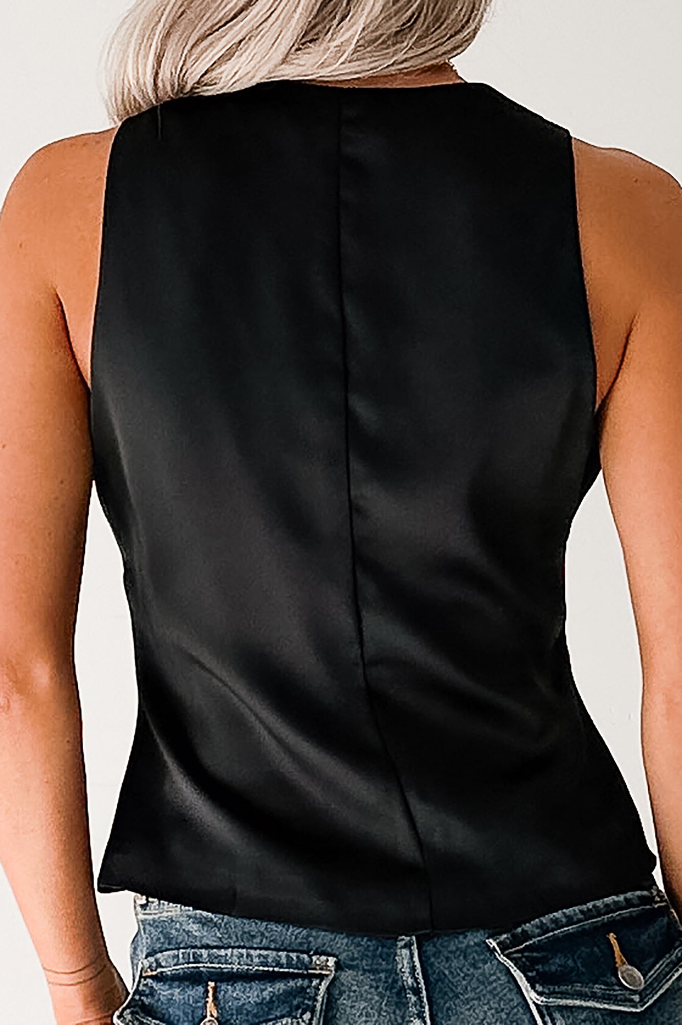 Sit With Me Deep V-Neck Satin Tank Top (Black)