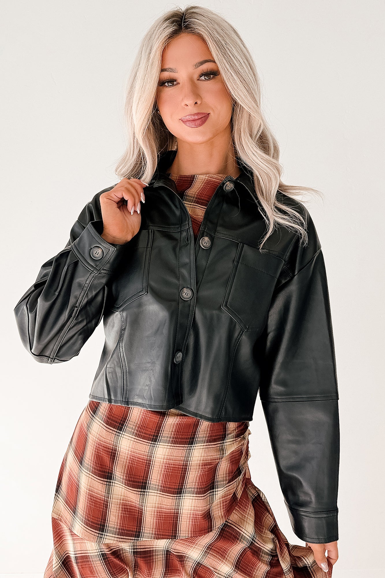 Minimal Motion Faux Leather Button-Up Jacket (Black)
