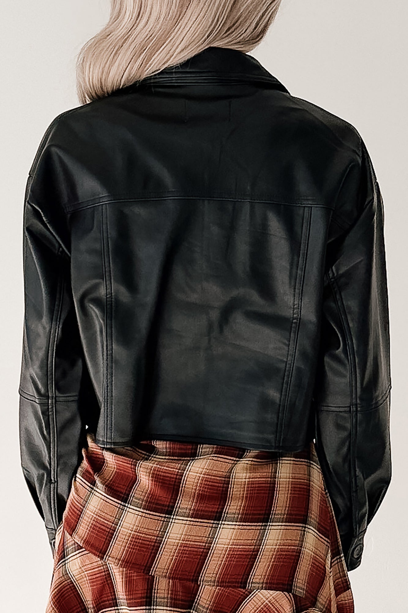 Minimal Motion Faux Leather Button-Up Jacket (Black)