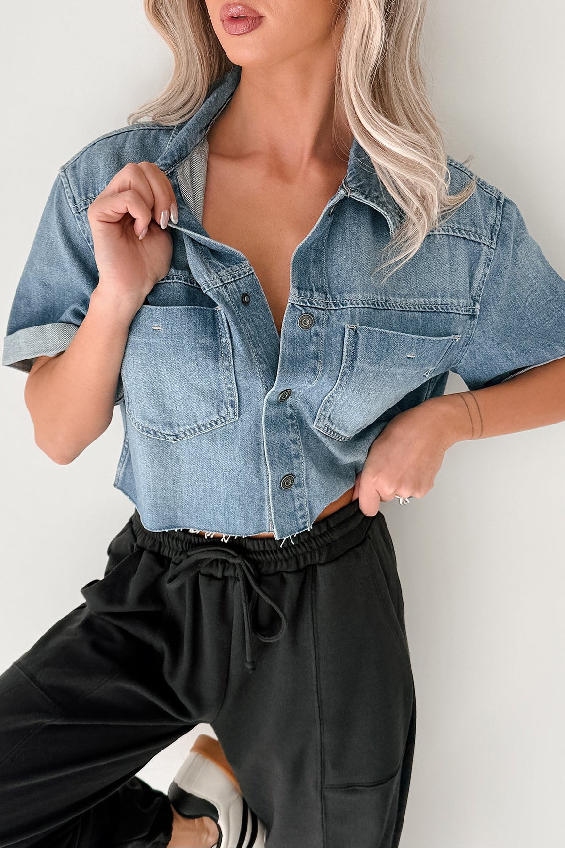 Out & About Short Sleeve Denim Crop Top (Medium)