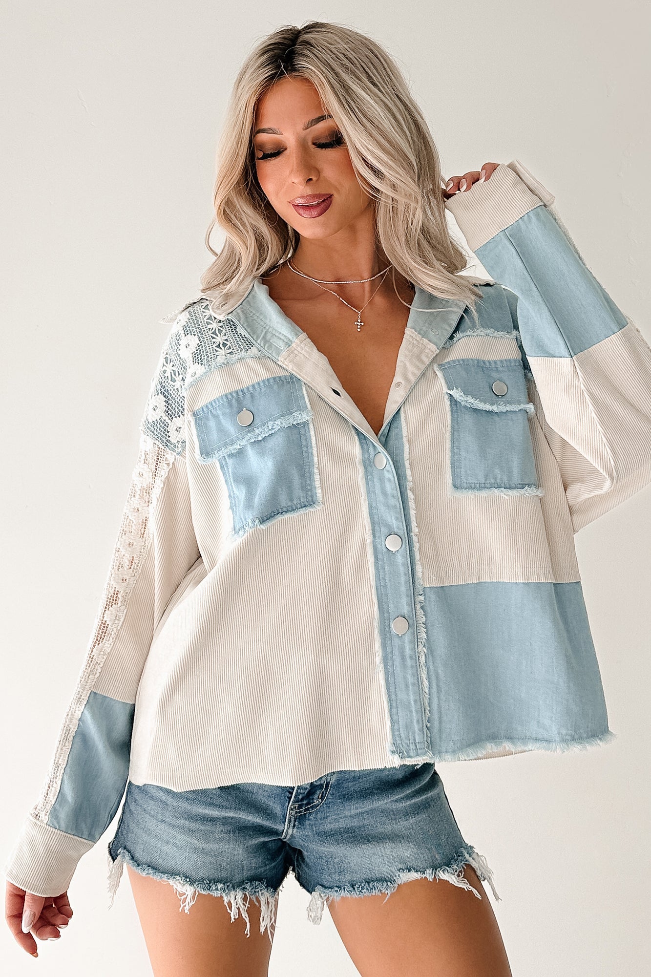 Bold Agenda Denim Corduroy Mix Shacket (Light Blue)