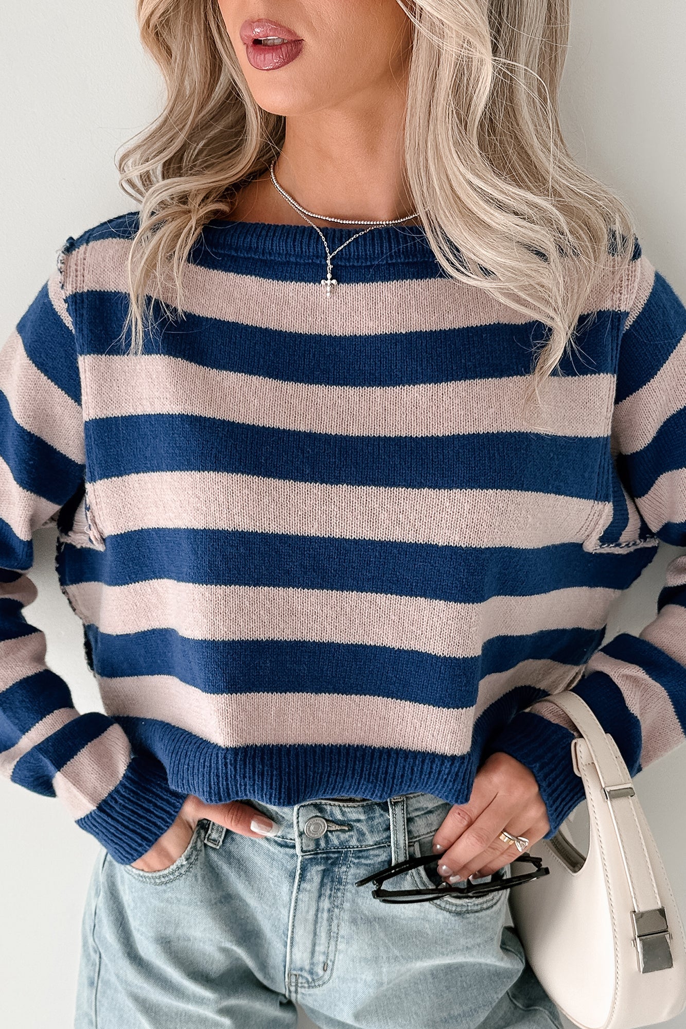 Wishing Well Stripe Boat Neck Sweater (Cobalt/Dusty Pink)