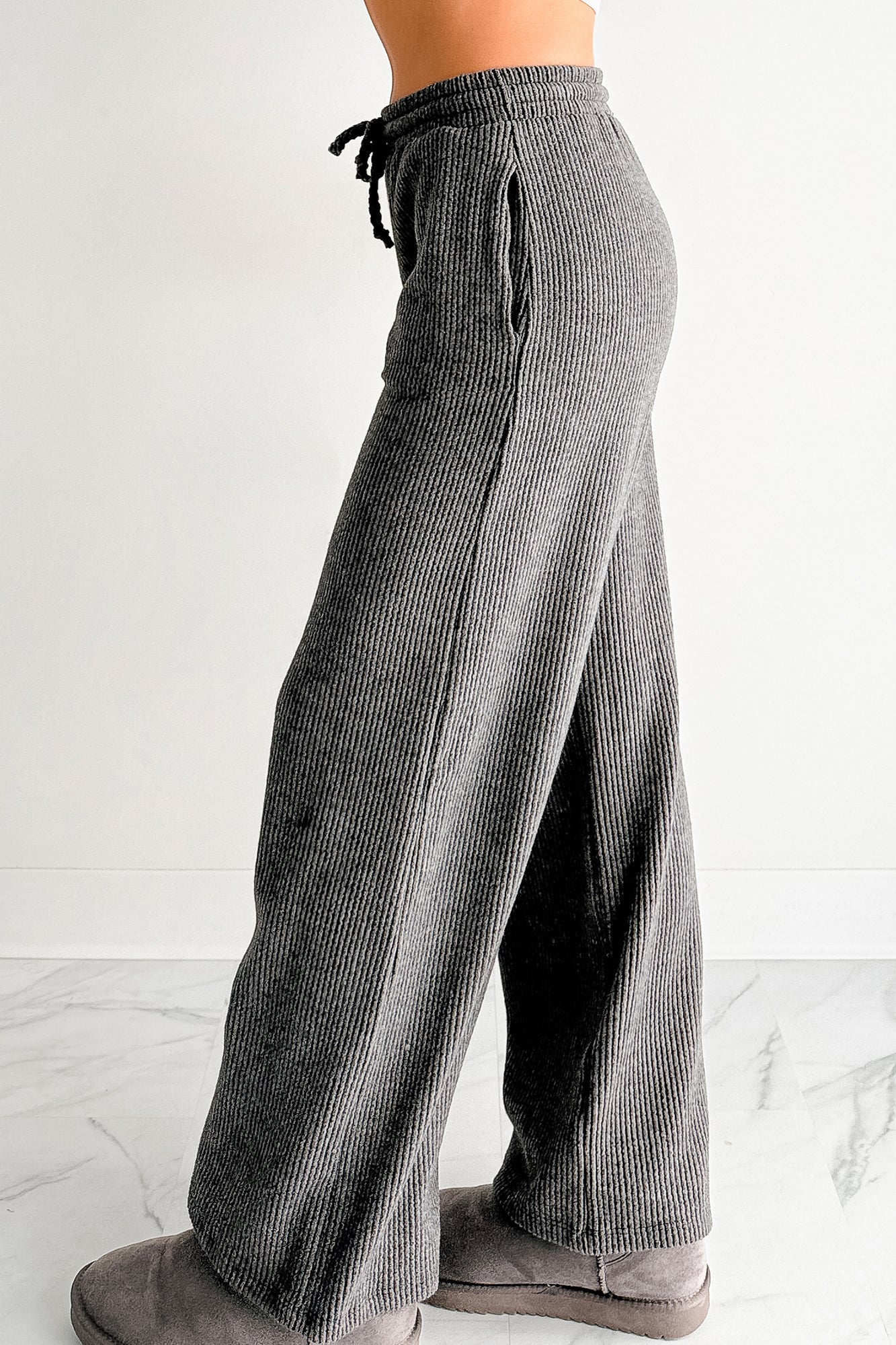 Cozy Feeling Ribbed Wide Leg Pants (Charcoal)