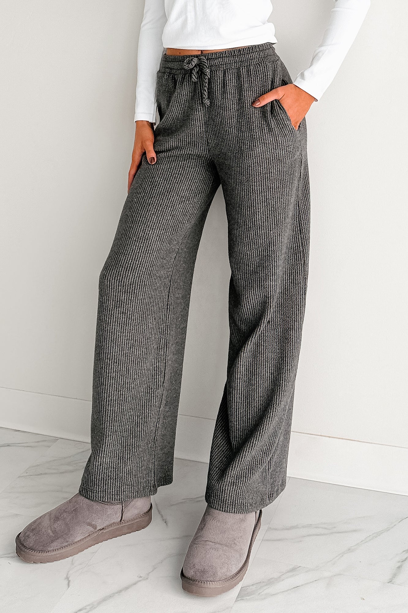 Cozy Feeling Ribbed Wide Leg Pants (Charcoal)