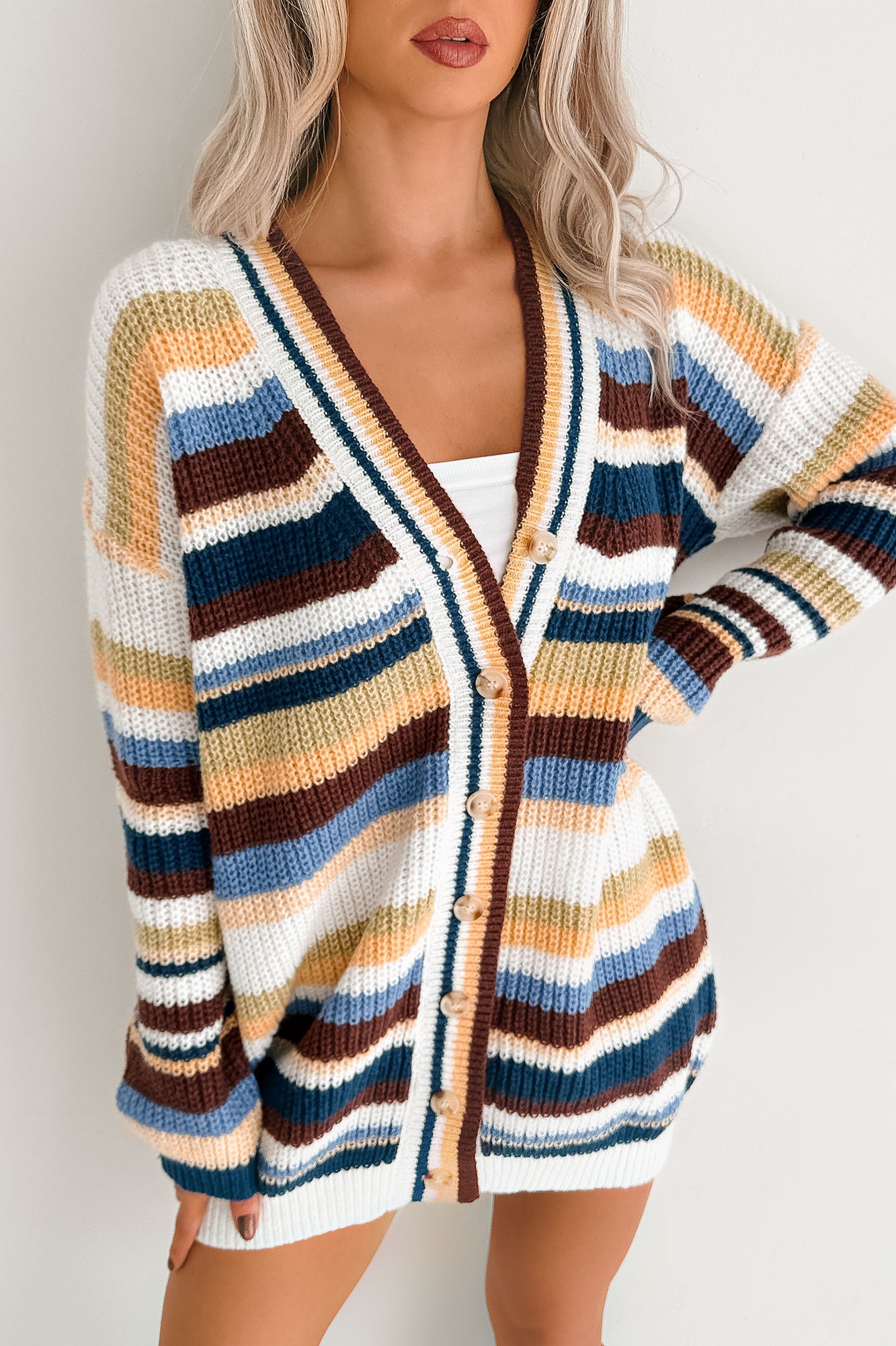 Carefree Comfort Striped Knit Cardigan (Blue/Multi)