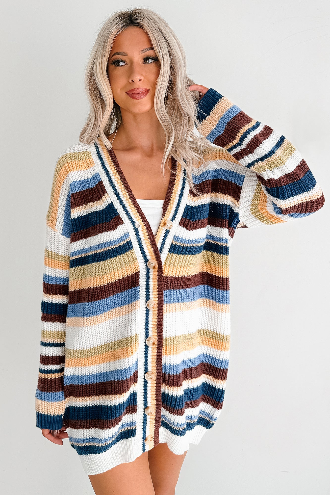 Carefree Comfort Striped Knit Cardigan (Blue/Multi)