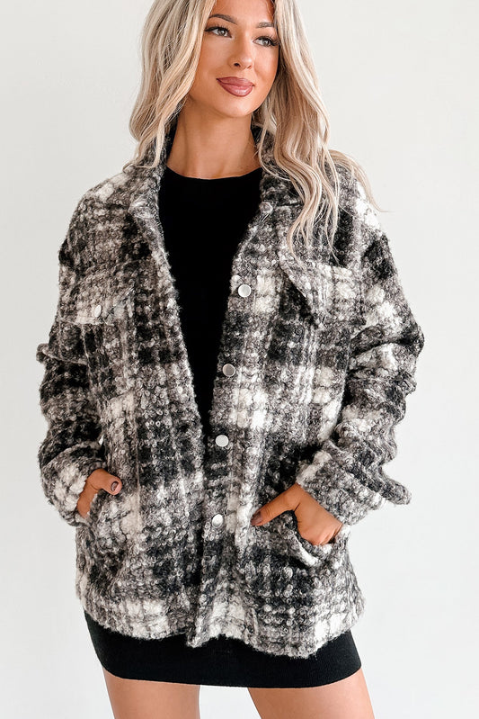Deadline Driven Plaid Boucle Button-Up Jacket (Black)