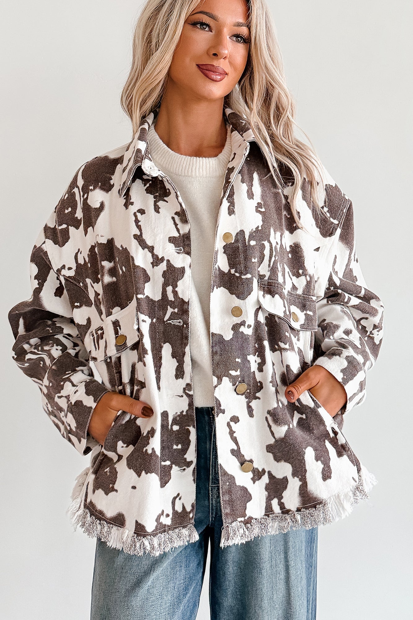 Cowgirl Spirit Oversized Raw Hem Shacket (Taupe Cow)
