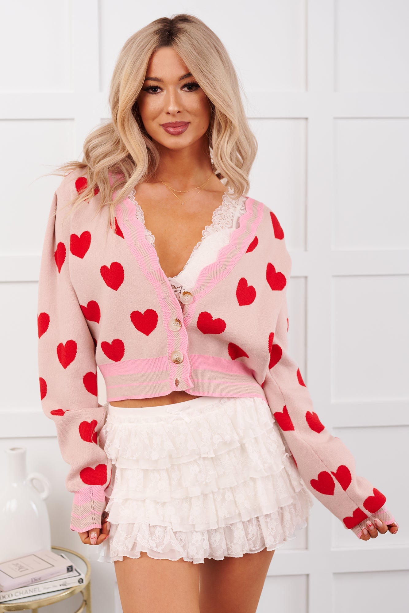 Lover's Lane Heart Pattern Scallop Edge Cardigan (Blush/Red)