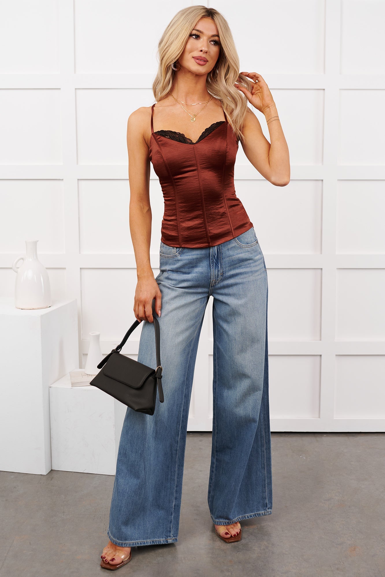 Keep Posted Sleeveless Satin Corset Top (Chocolate)