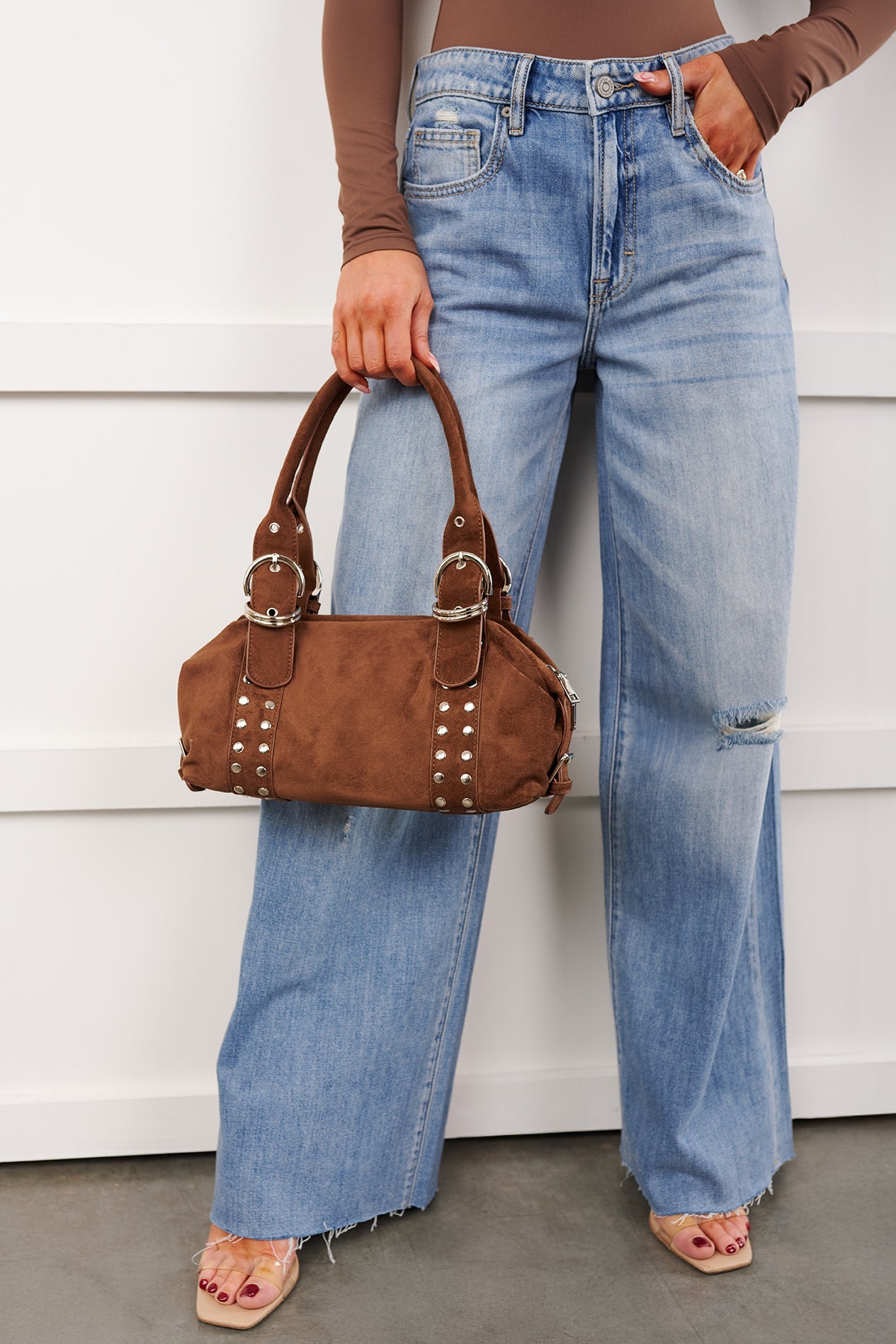 Fierce Calm Studded Faux Suede Bag (Dark Brown)