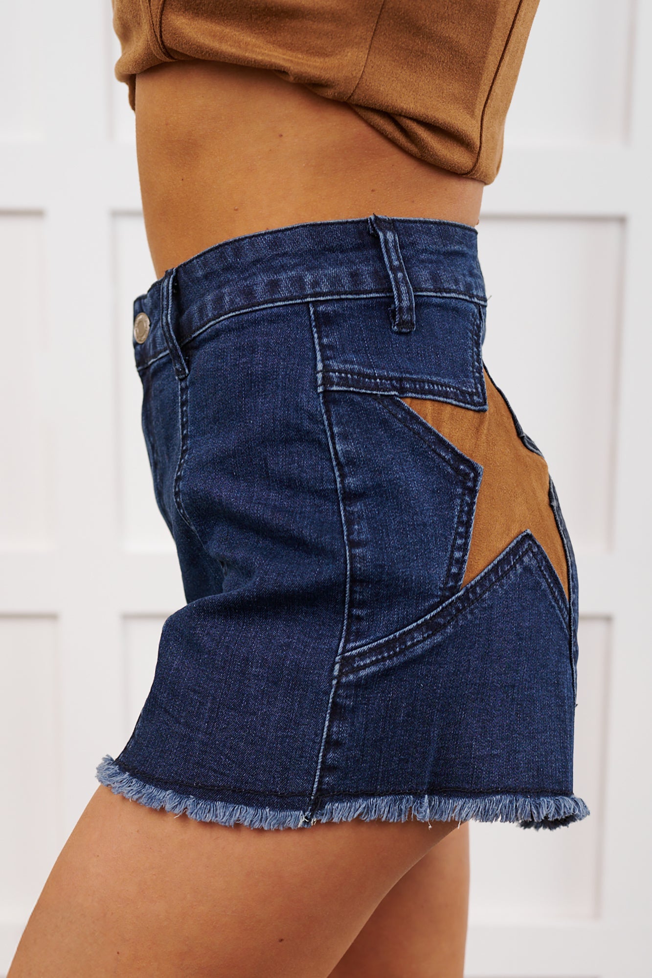 Act Confident Star Detailed Denim Shorts (Dark Denim/Tan)