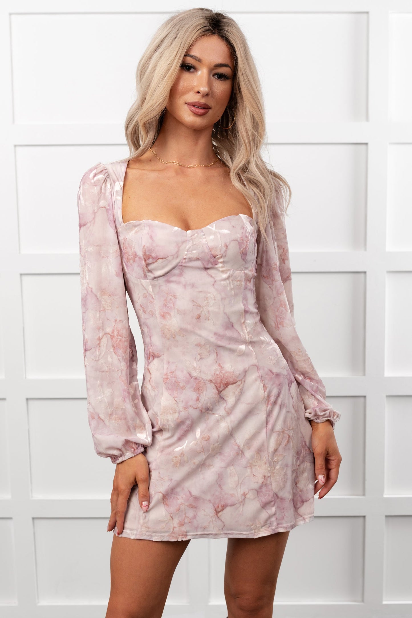 Flirt Filled Long Sleeve Floral Mini Dress (Dusty Pink)