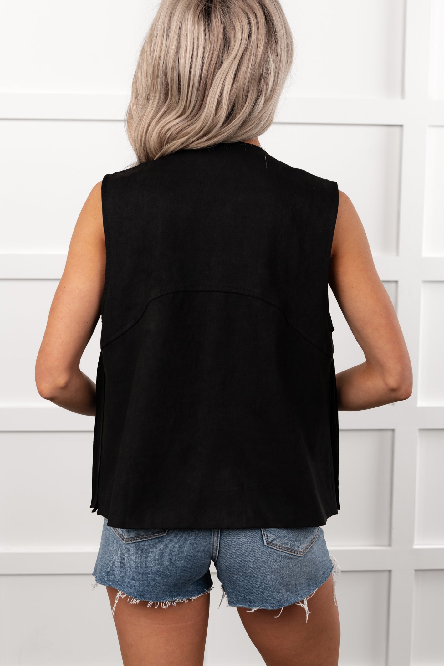 Barnwood Love Faux Suede Fringe Detail Vest (Black)