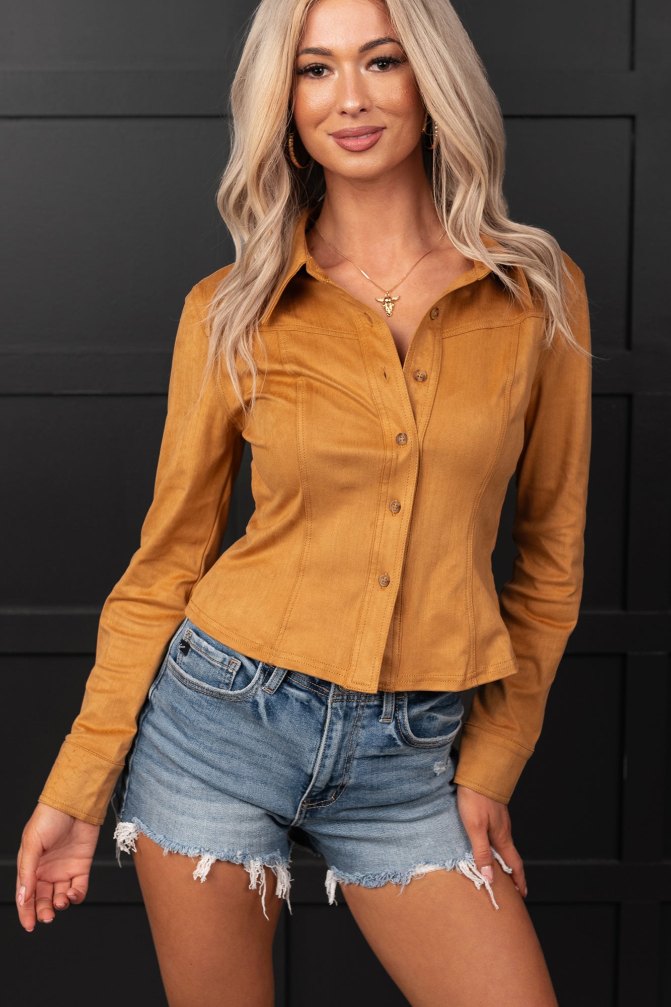 Hillbilly Honey Faux Suede Button-Up Top (Camel)