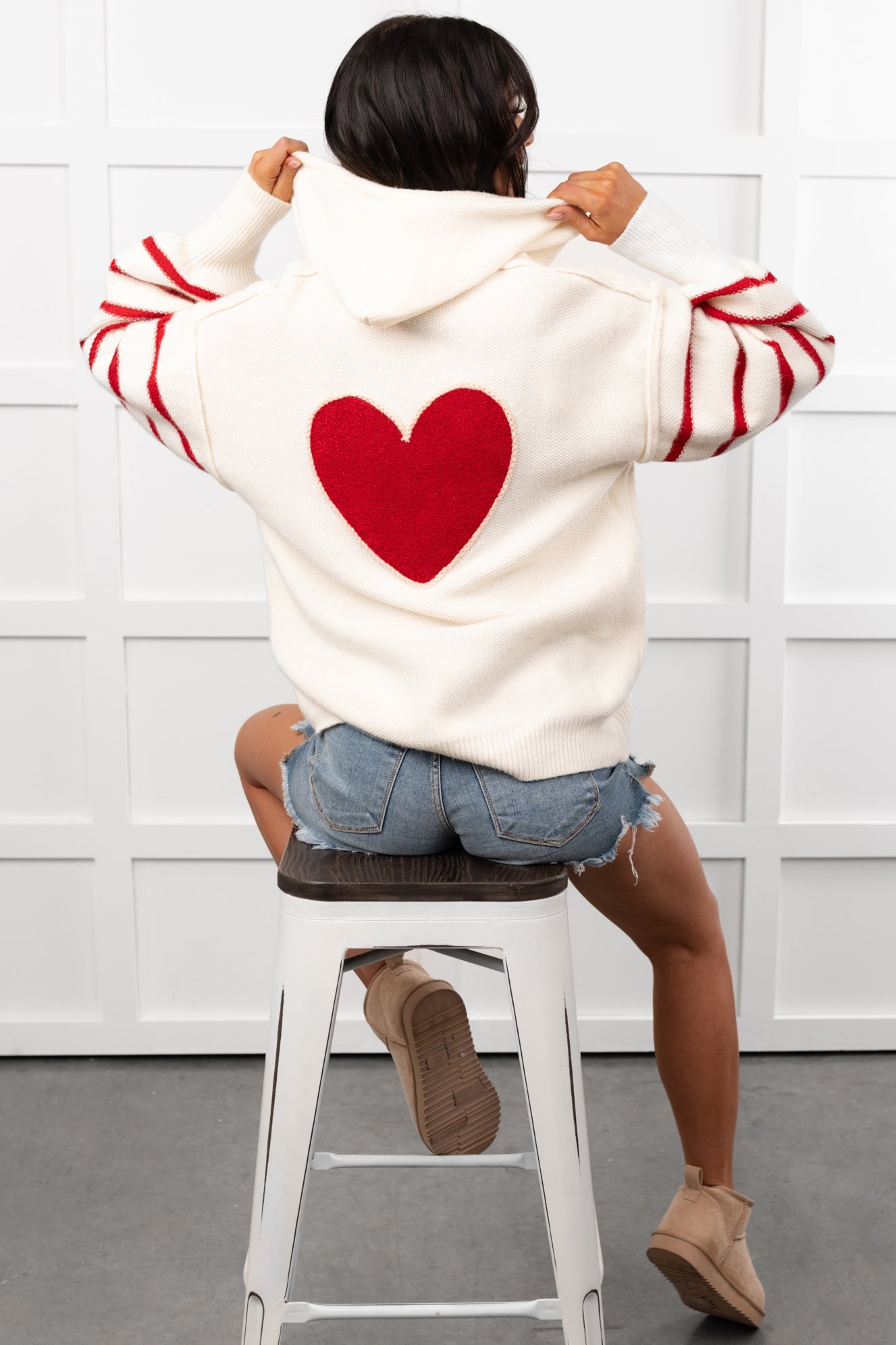 Love At Home Heart Striped Knit Hoodie (Ivory)