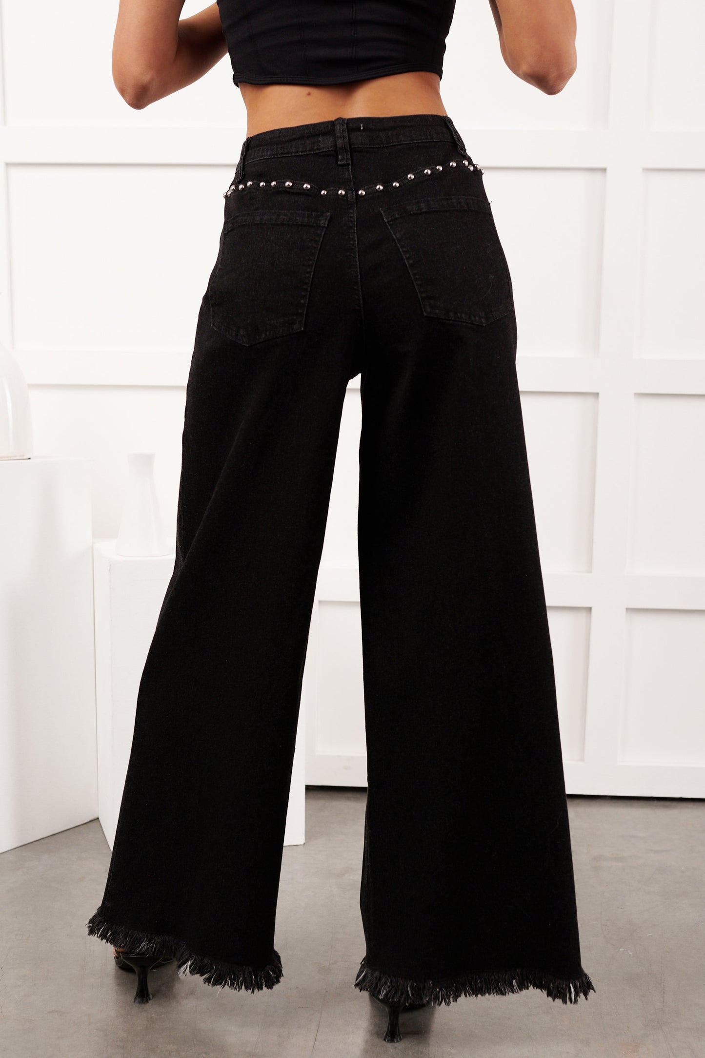 Galvan Wide Leg Studded Camellia Jeans (Black Wash)