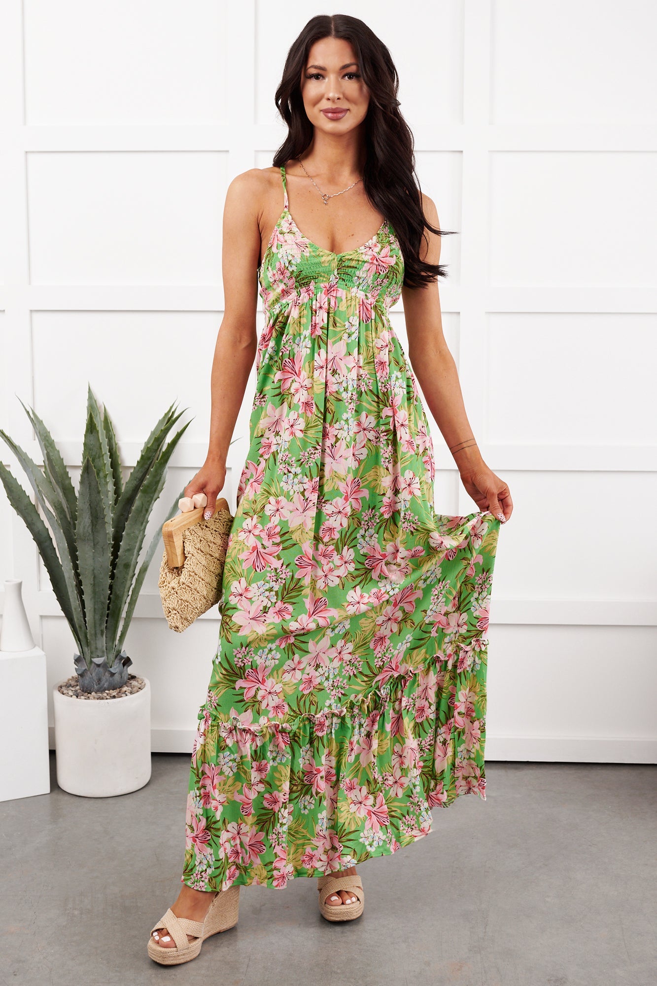 Kissed Soft Sleeveless Floral Maxi Dress (Green/Coral)